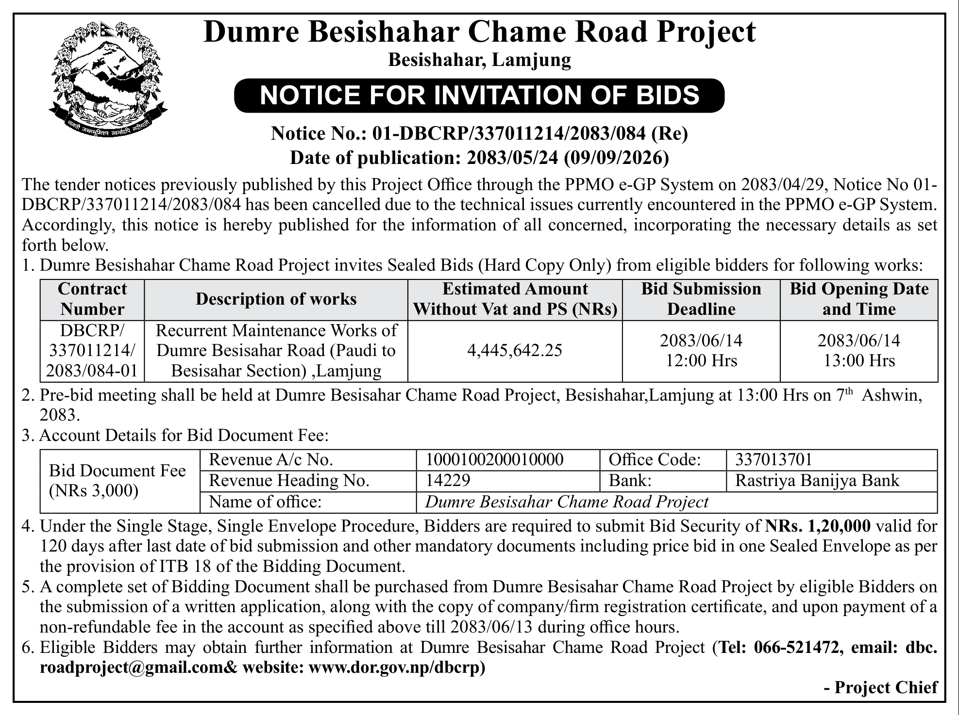 Tender notice as printed in Gorkhapatra, 9 Sep 2026, page 9
