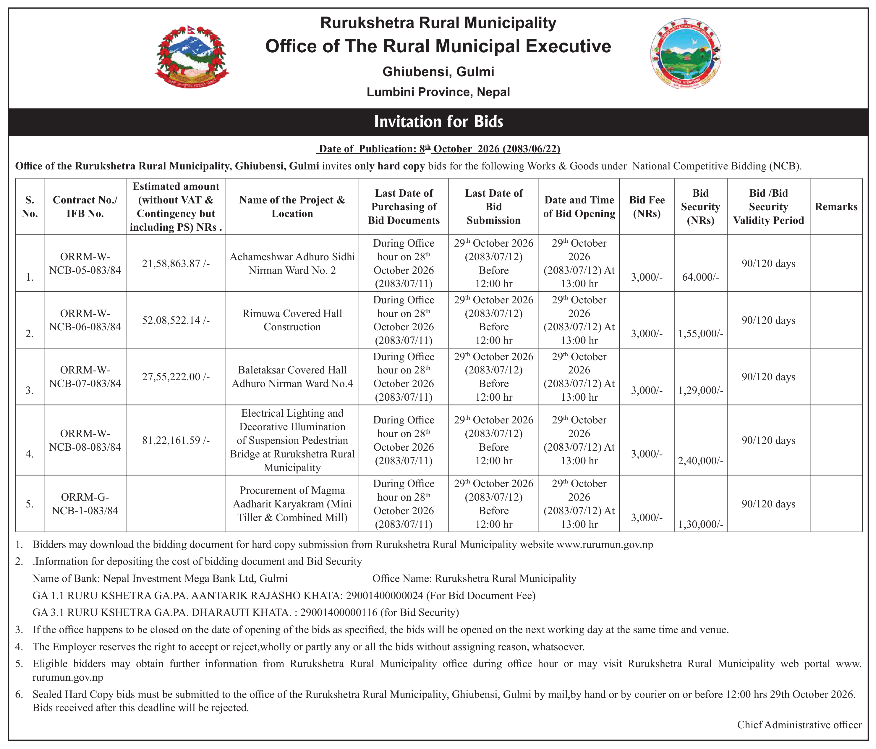 Tender notice as printed in Mission Today, 8 Oct 2026, page 3