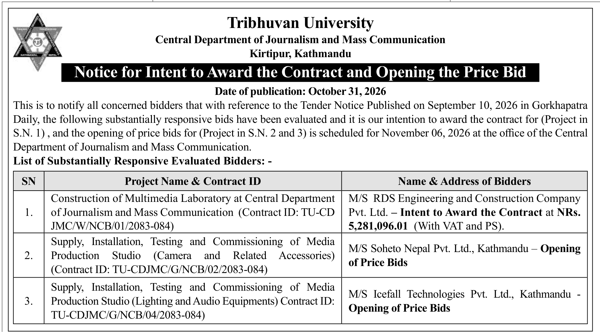 Tender notice as printed in Gorkhapatra, 31 Oct 2026, page 11