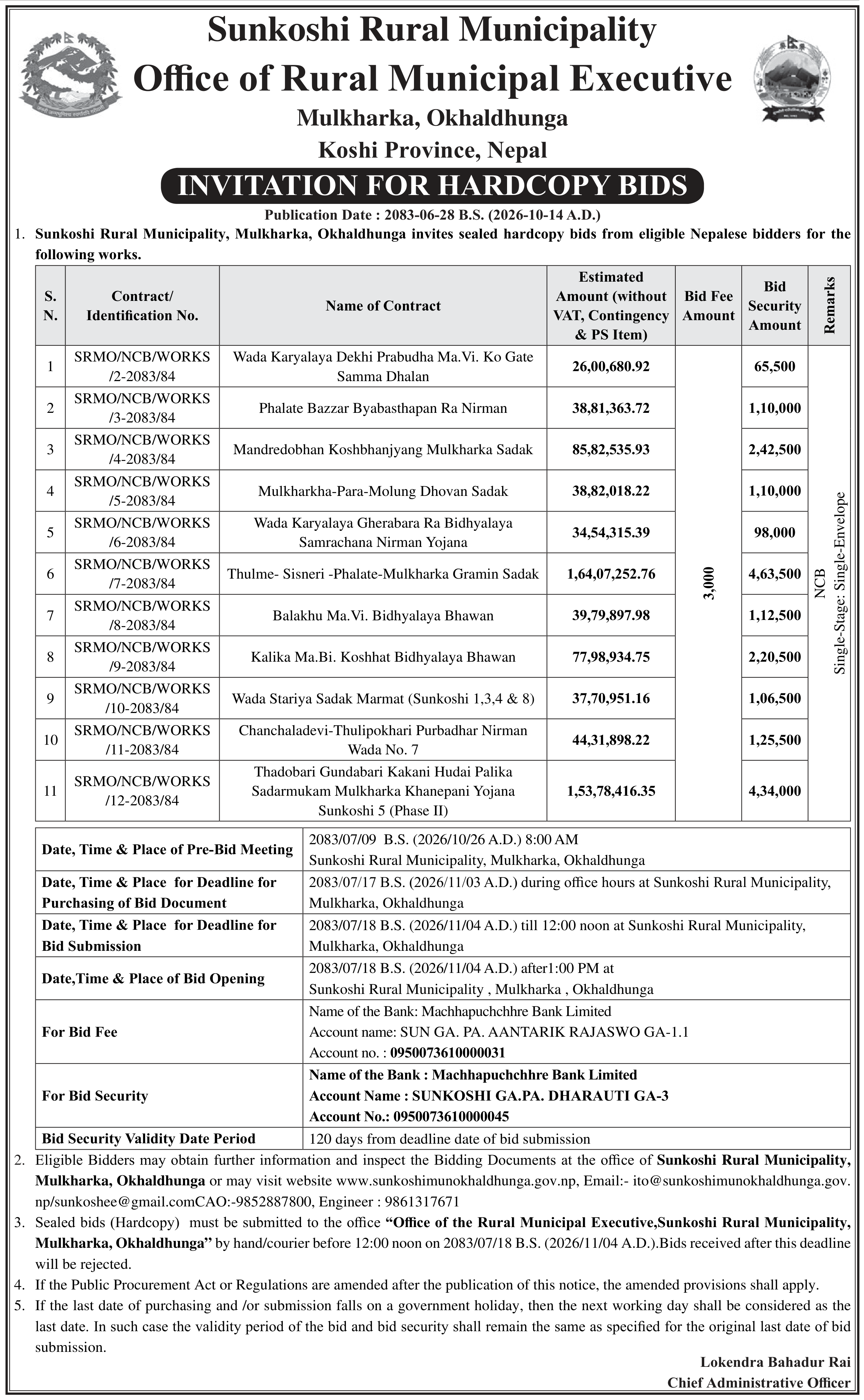 Tender notice as printed in Madhyanha, 14 Oct 2026, page 5