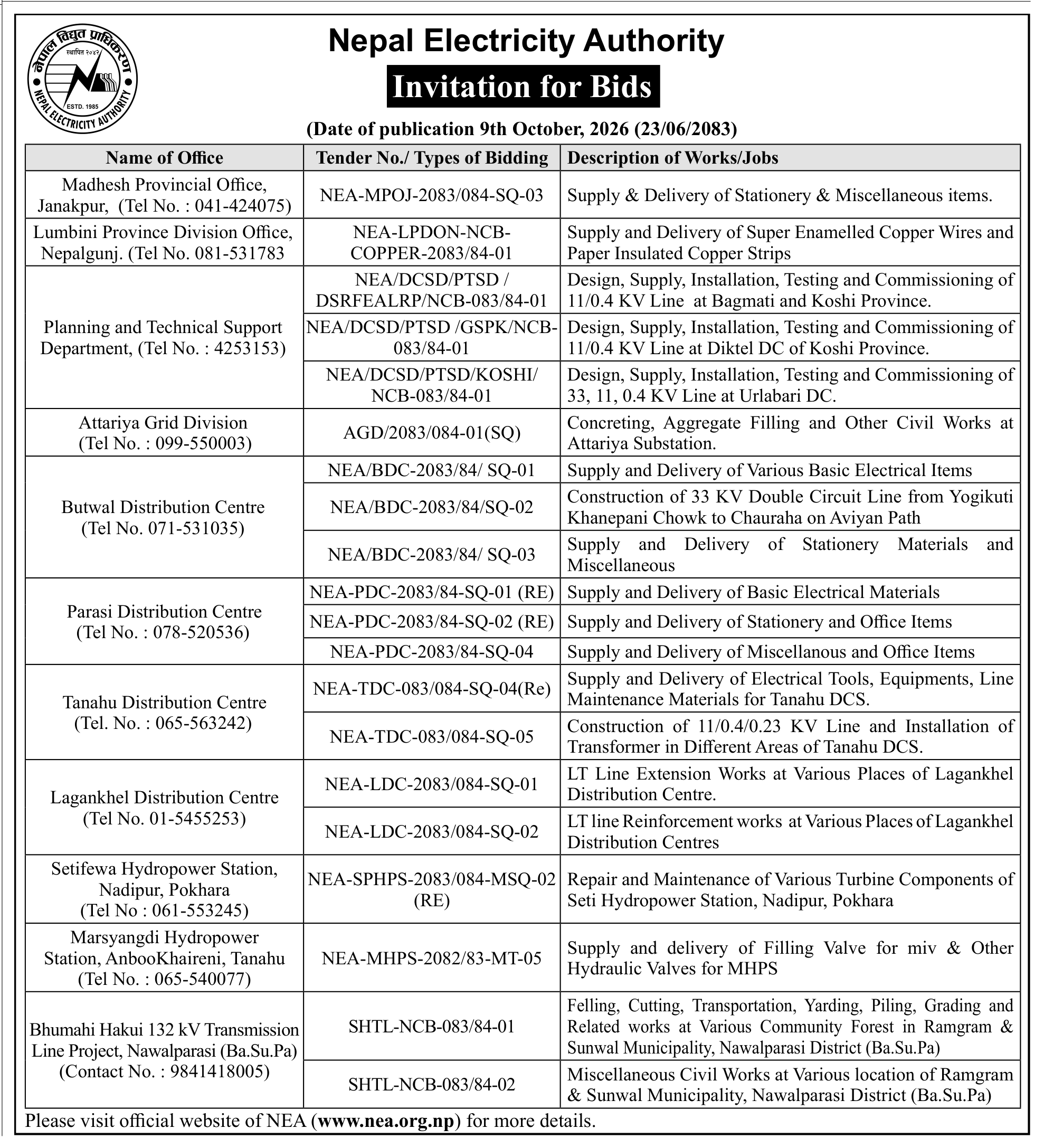 Tender notice as printed in Gorkhapatra, 9 Oct 2026, page 13