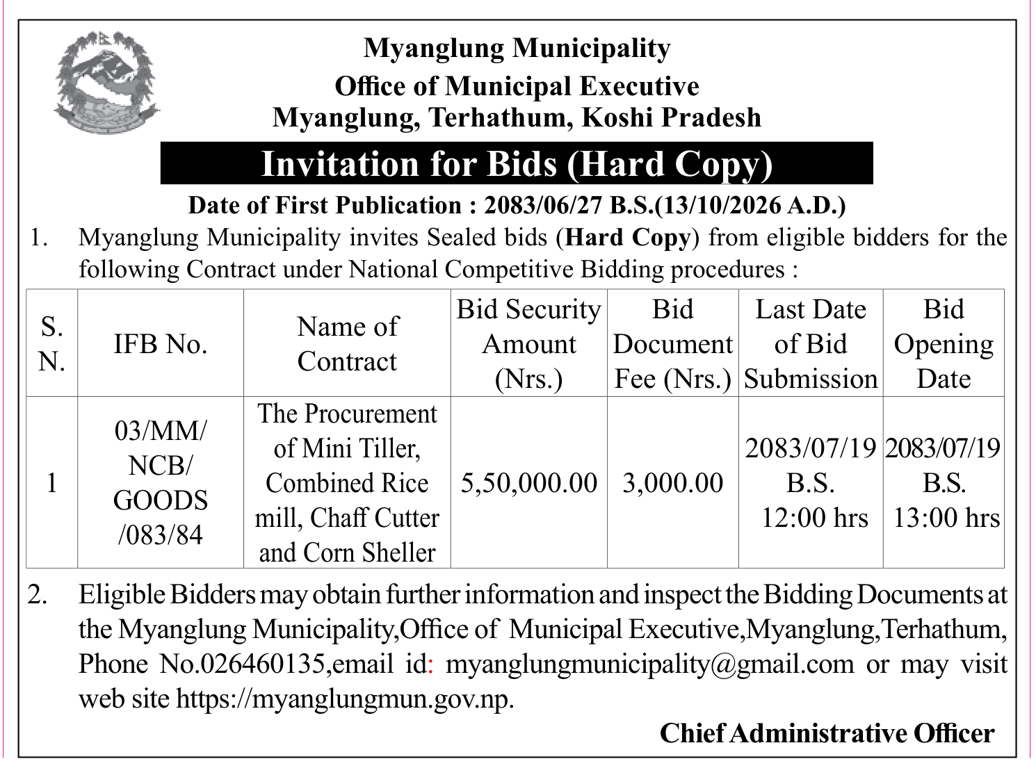 Tender notice as printed in Gorkhapatra, 13 Oct 2026, page 19