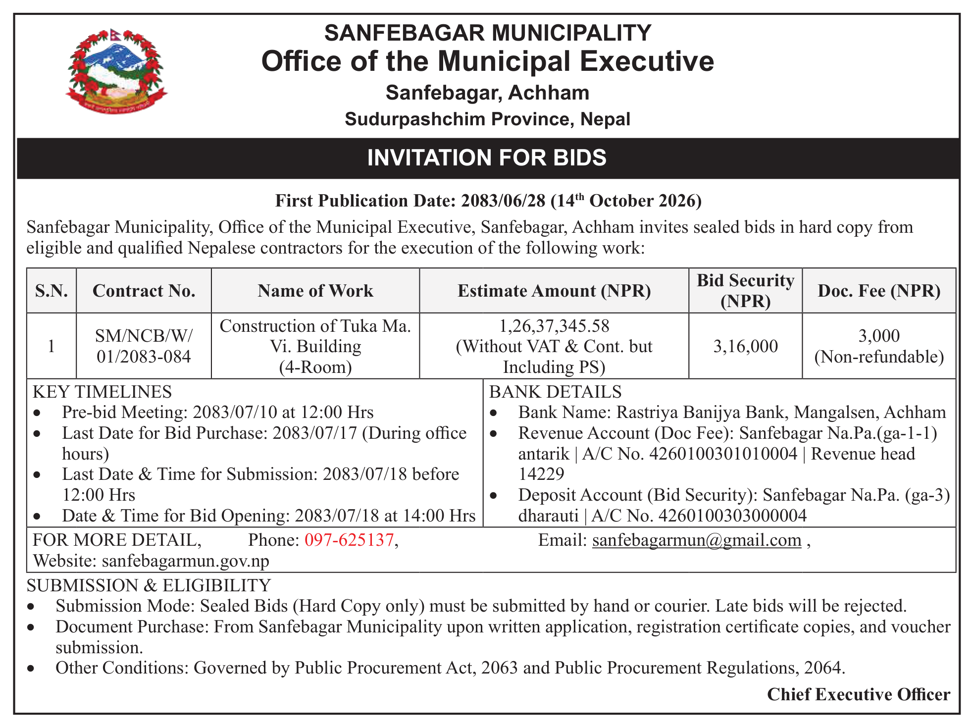Tender notice as printed in Mission Today, 14 Oct 2026, page 3