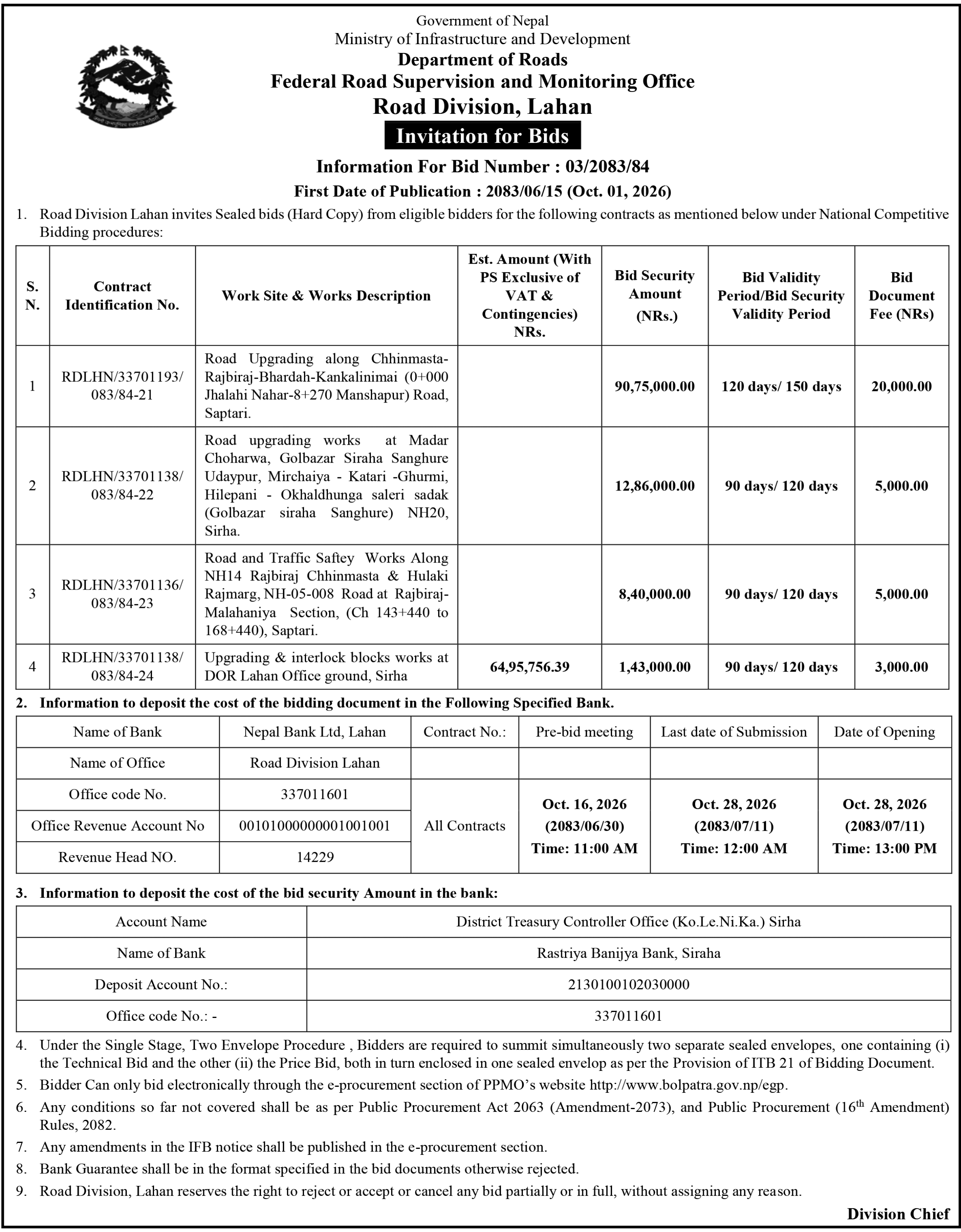 Tender notice as printed in Karobar, 1 Oct 2026, page 7