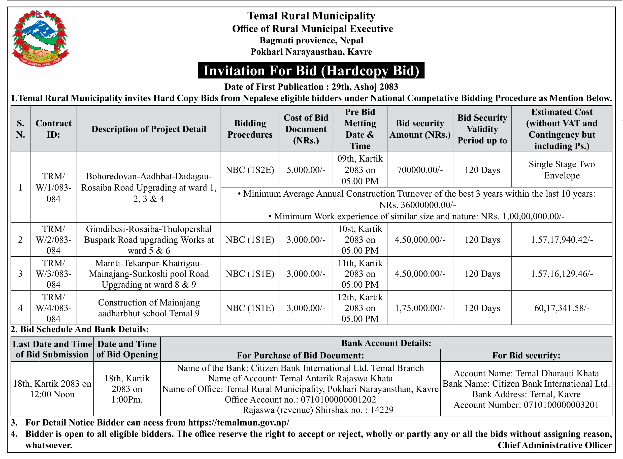 Tender notice as printed in Gorkhapatra, 15 Oct 2026, page 13