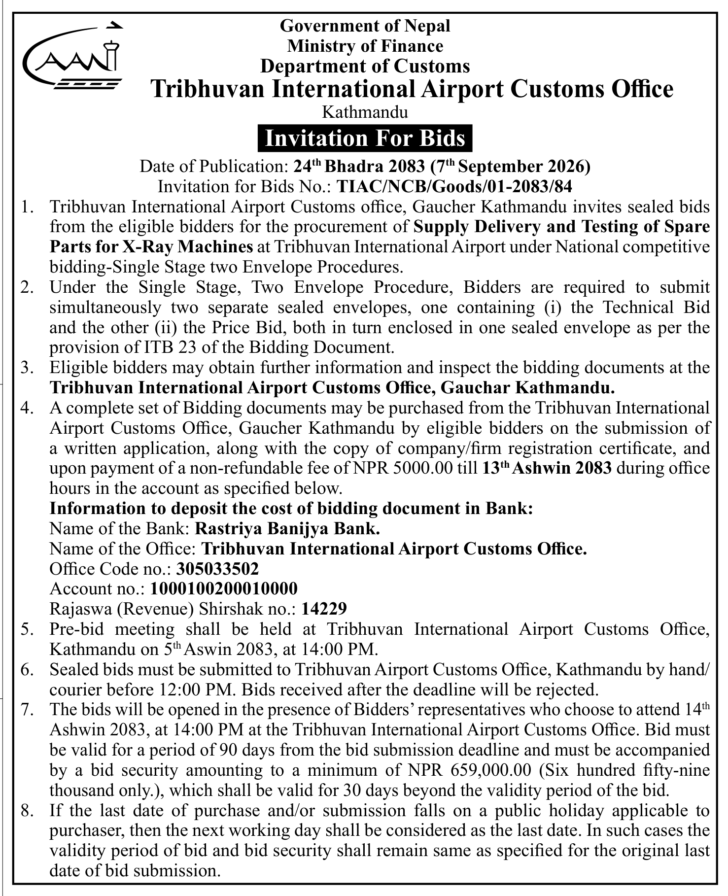 Tender notice as printed in Gorkhapatra, 9 Sep 2026, page 11