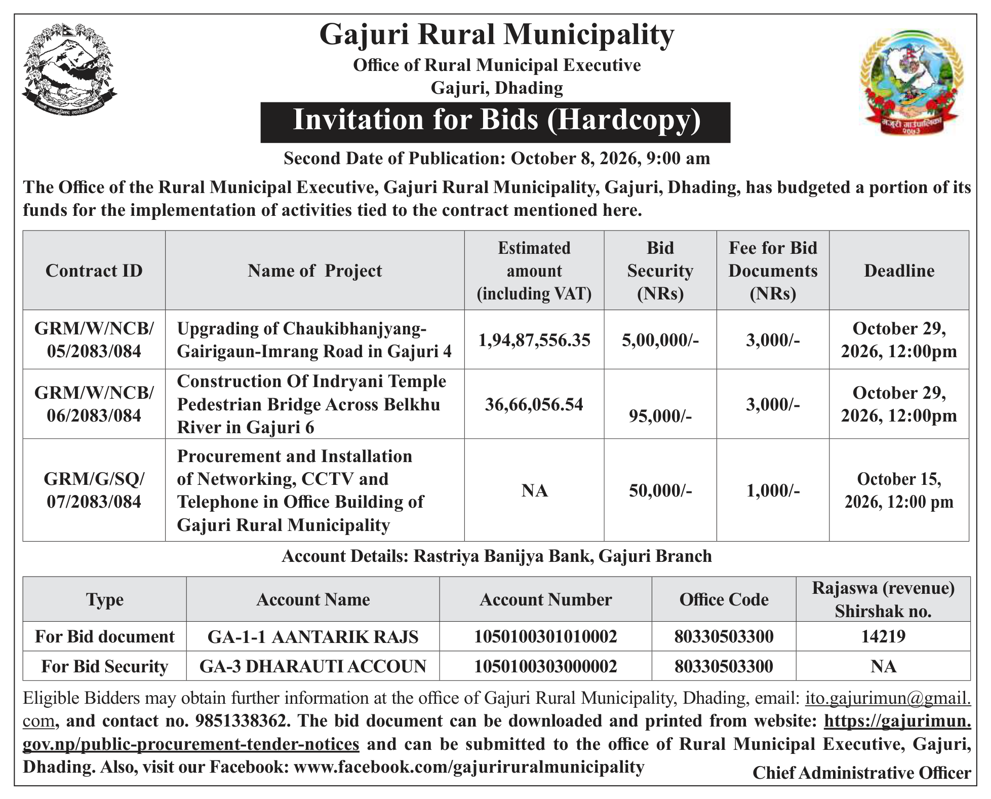 Tender notice as printed in The Rising Nepal, 8 Oct 2026, page 6