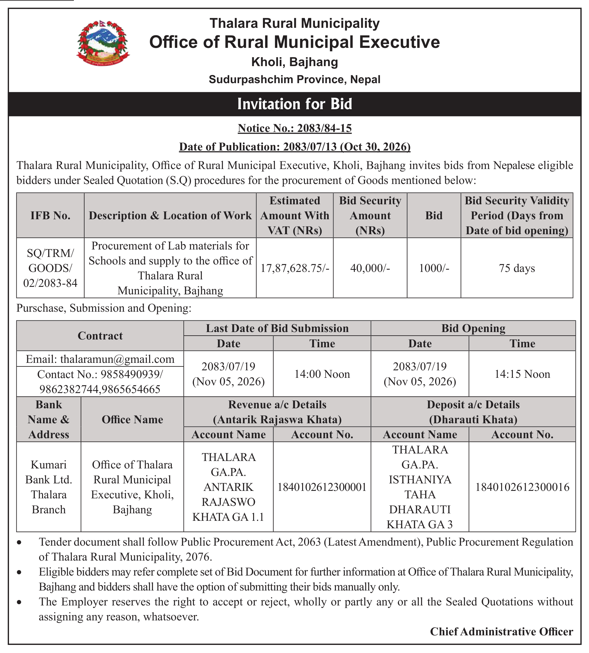 Tender notice as printed in Mission Today, 30 Oct 2026, page 5