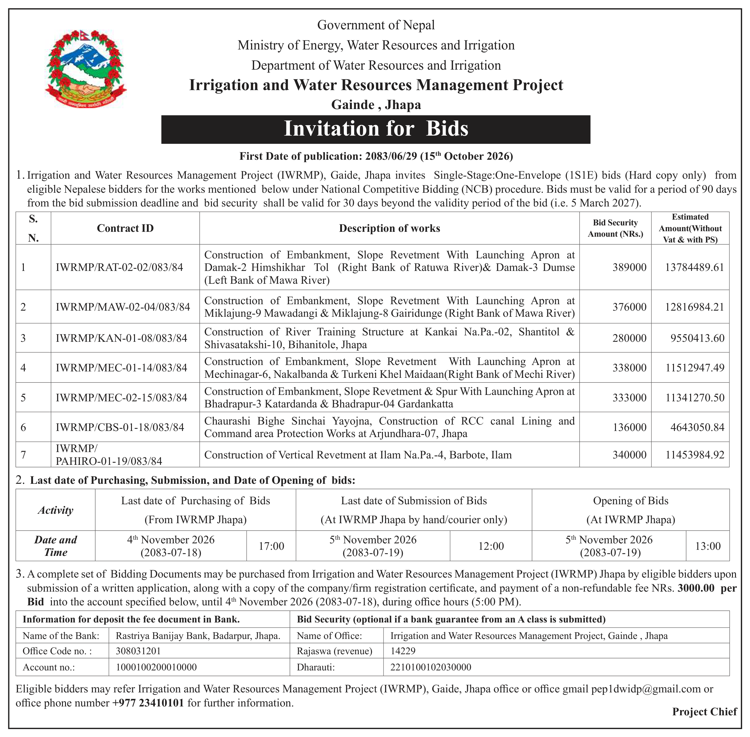 Tender notice as printed in The Rising Nepal, 15 Oct 2026, page 6