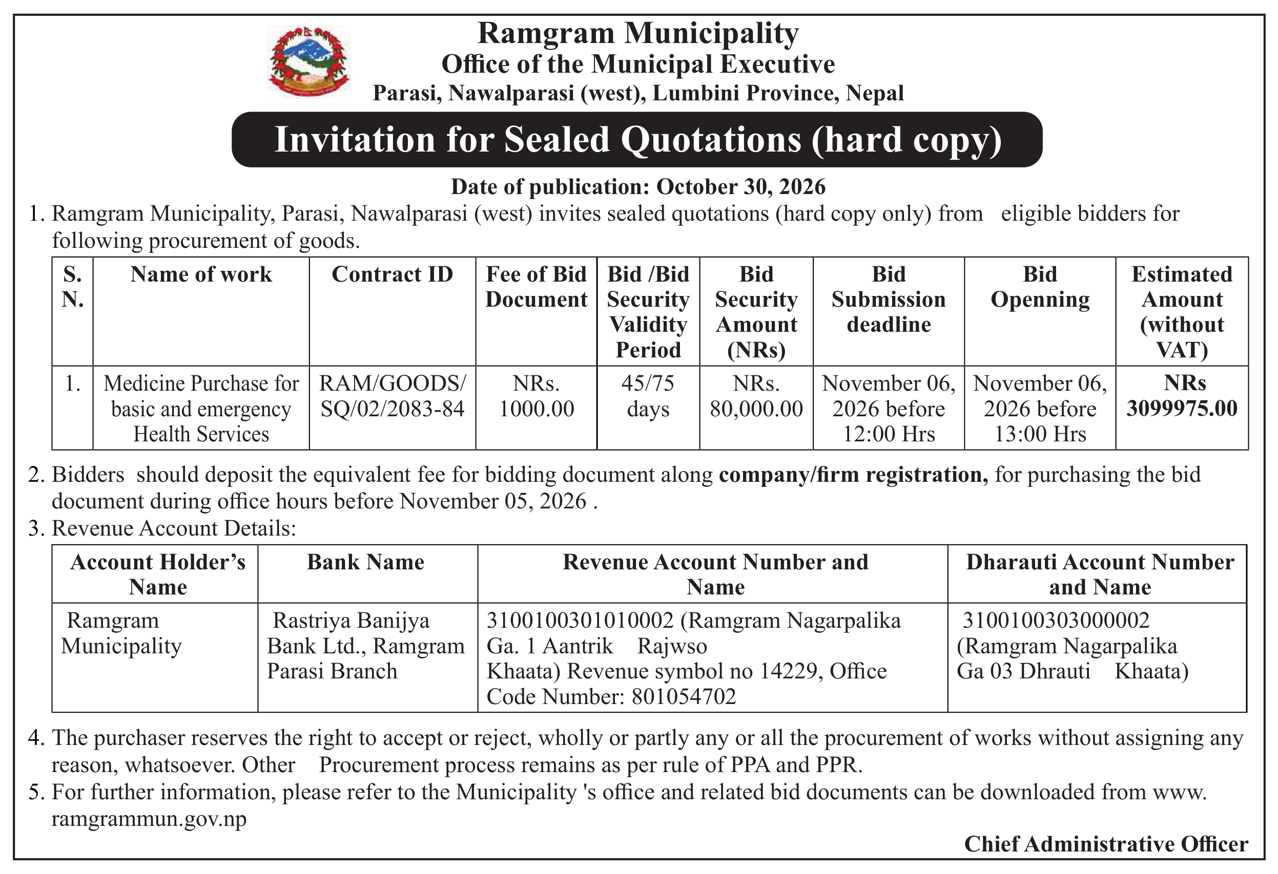 Tender notice as printed in Mission Today, 30 Oct 2026, page 7