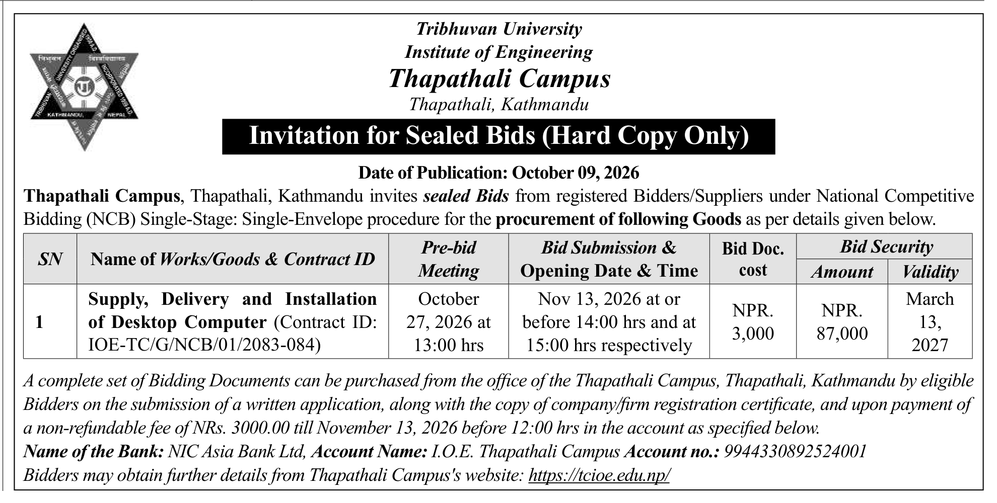 Tender notice as printed in Gorkhapatra, 9 Oct 2026, page 16