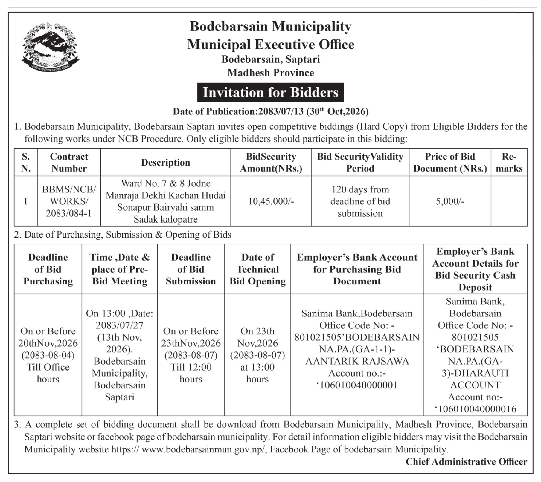 Tender notice as printed in Annapurna Post, 30 Oct 2026, page 8