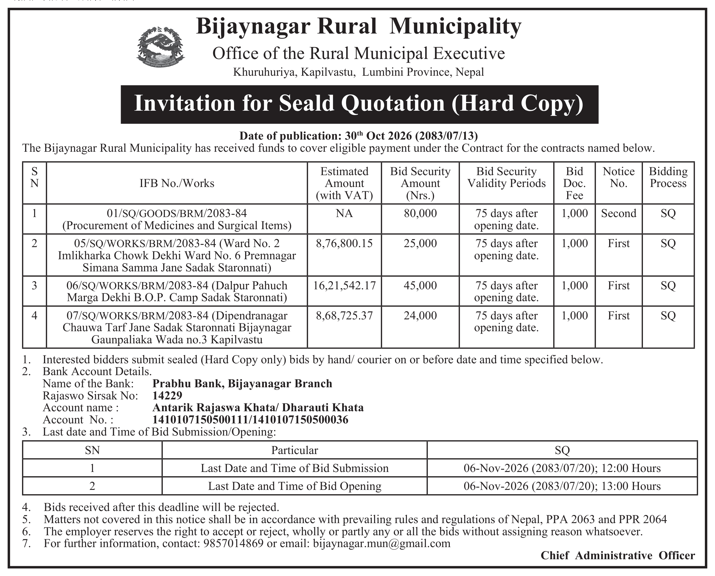 Tender notice as printed in Mechikali, 30 Oct 2026, page 2