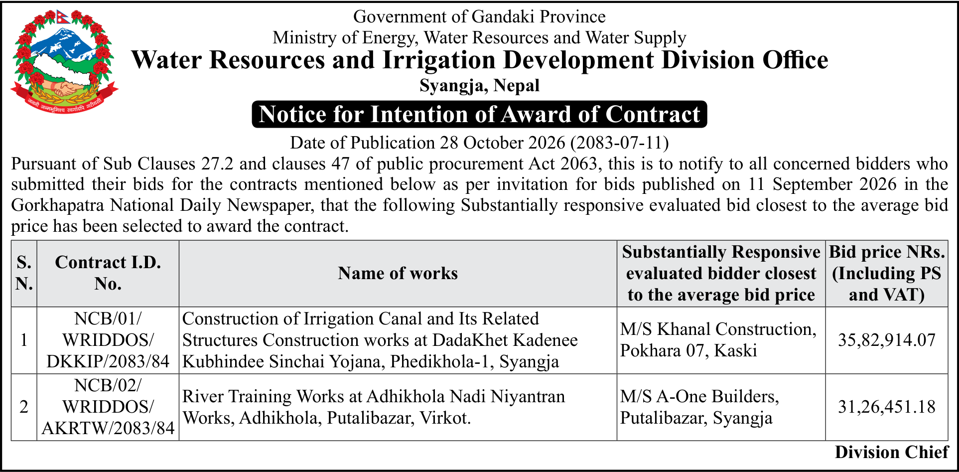 Tender notice as printed in Gorkhapatra, 28 Oct 2026, page 3