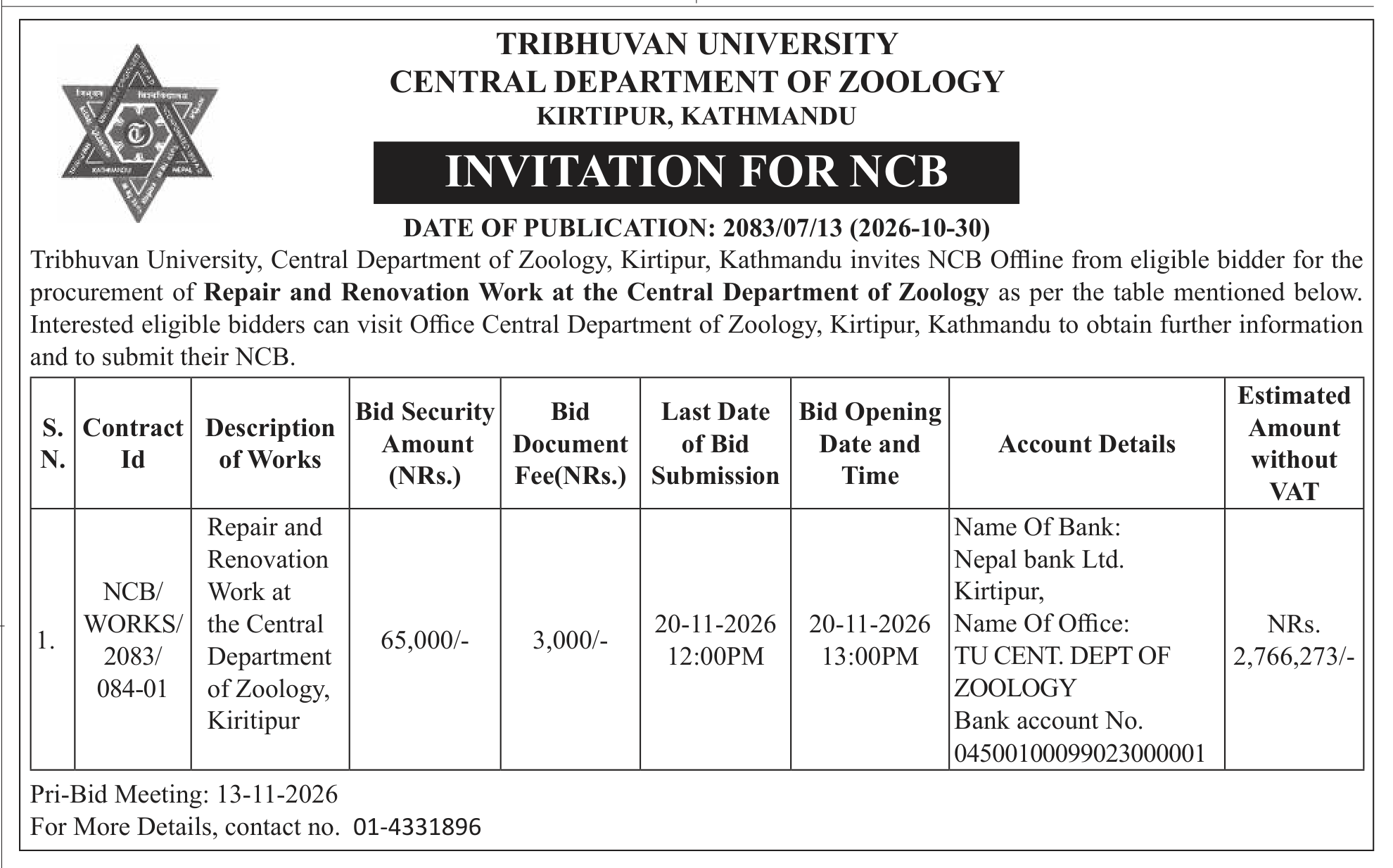 Tender notice as printed in Gorkhapatra, 30 Oct 2026, page 11