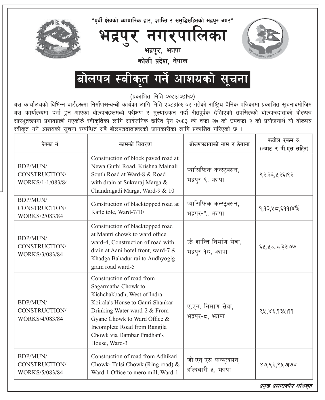 Tender notice as printed in Aarthik Dainik, 29 Oct 2026, page 3