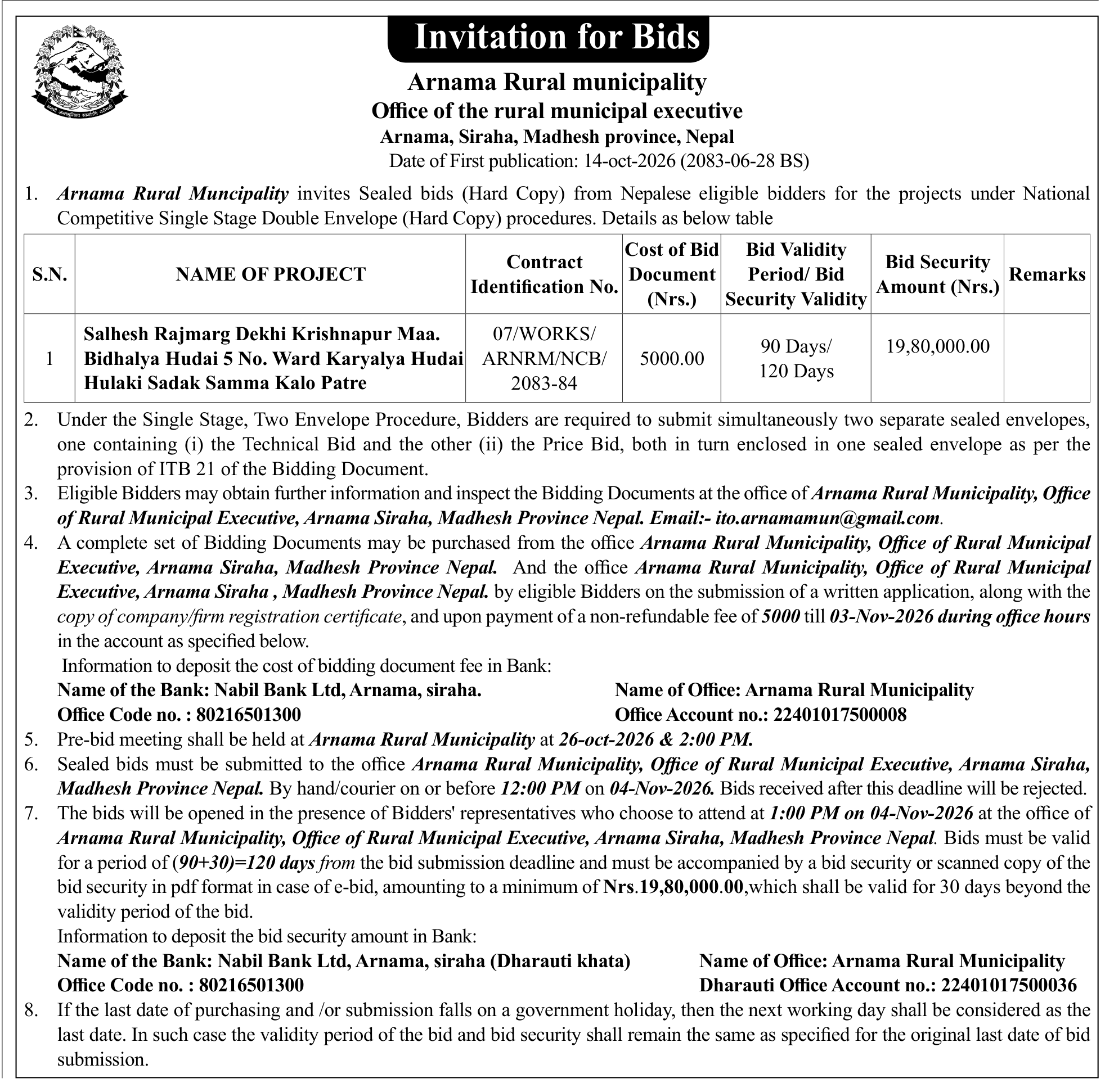 Tender notice as printed in Gorkhapatra, 14 Oct 2026, page 22