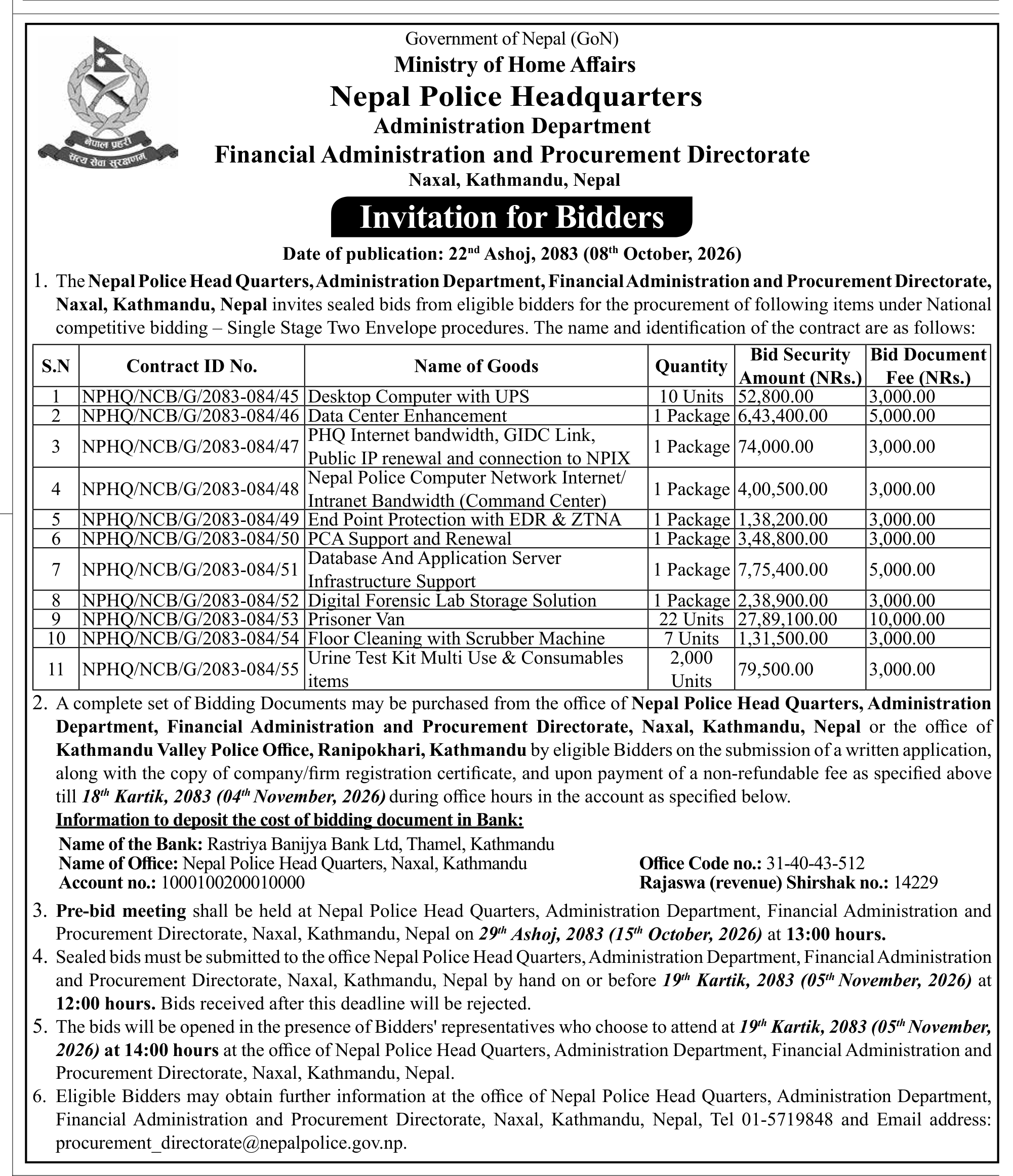 Tender notice as printed in Gorkhapatra, 8 Oct 2026, page 8