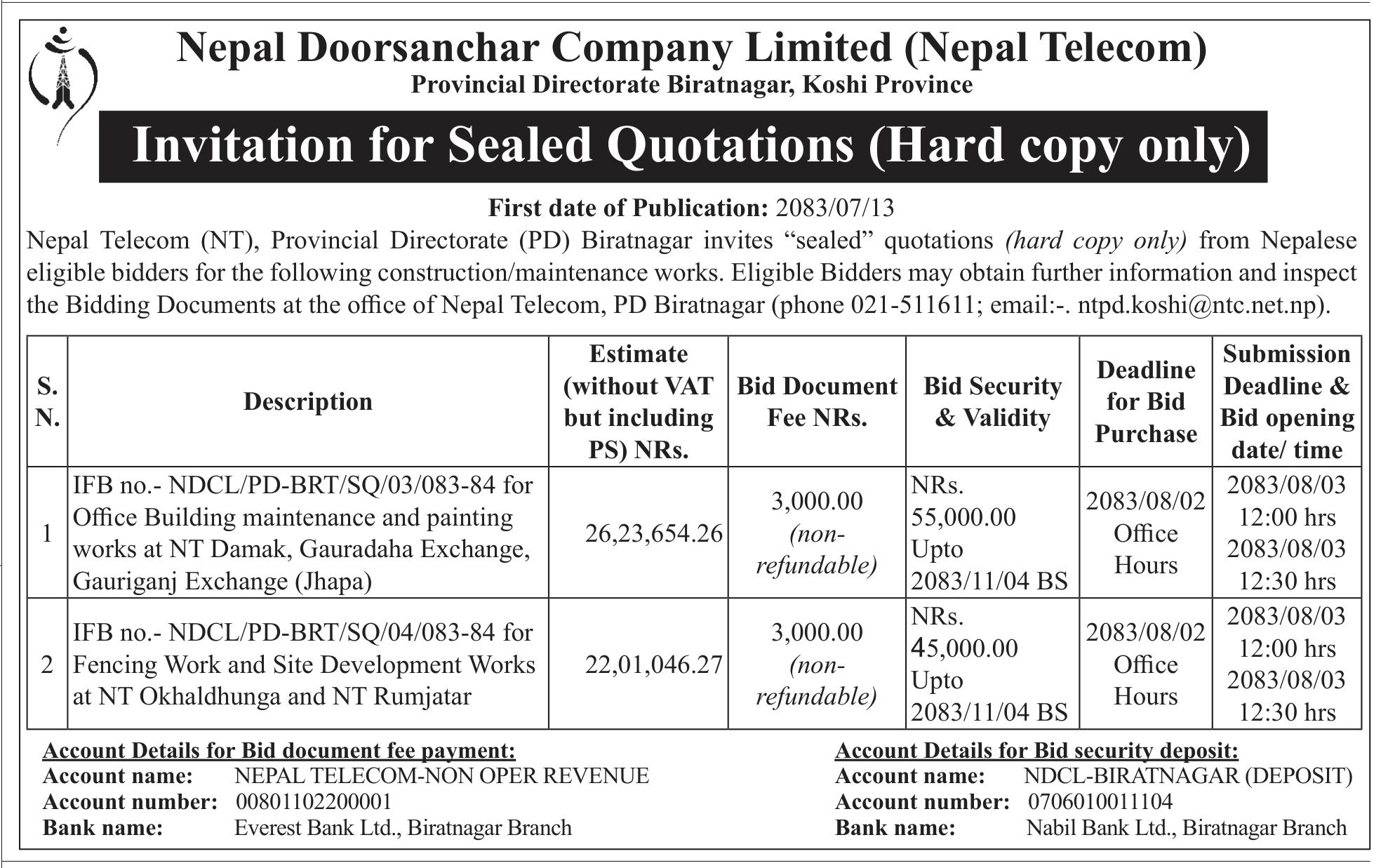 Tender notice as printed in Gorkhapatra, 30 Oct 2026, page 11