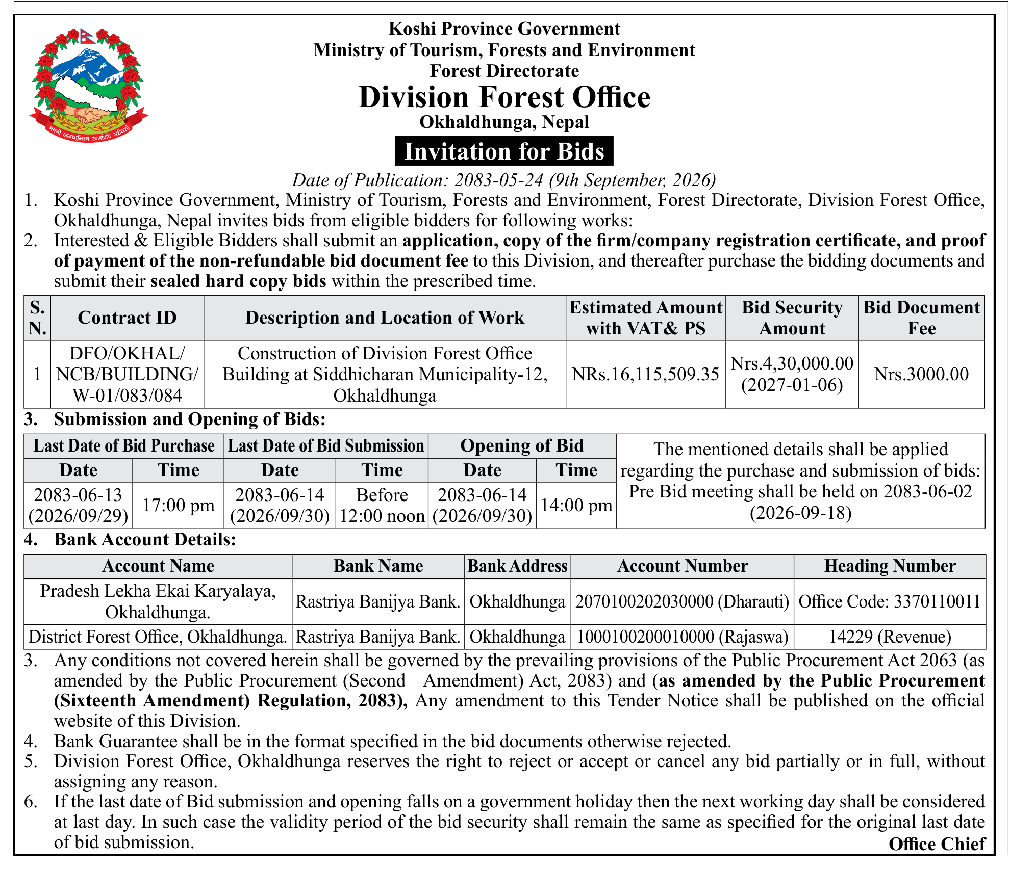 Tender notice as printed in Gorkhapatra, 9 Sep 2026, page 9