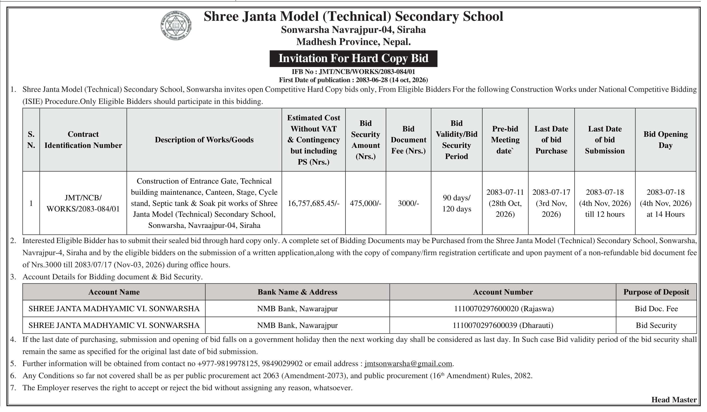 Tender notice as printed in Madhyanha, 14 Oct 2026, page 7
