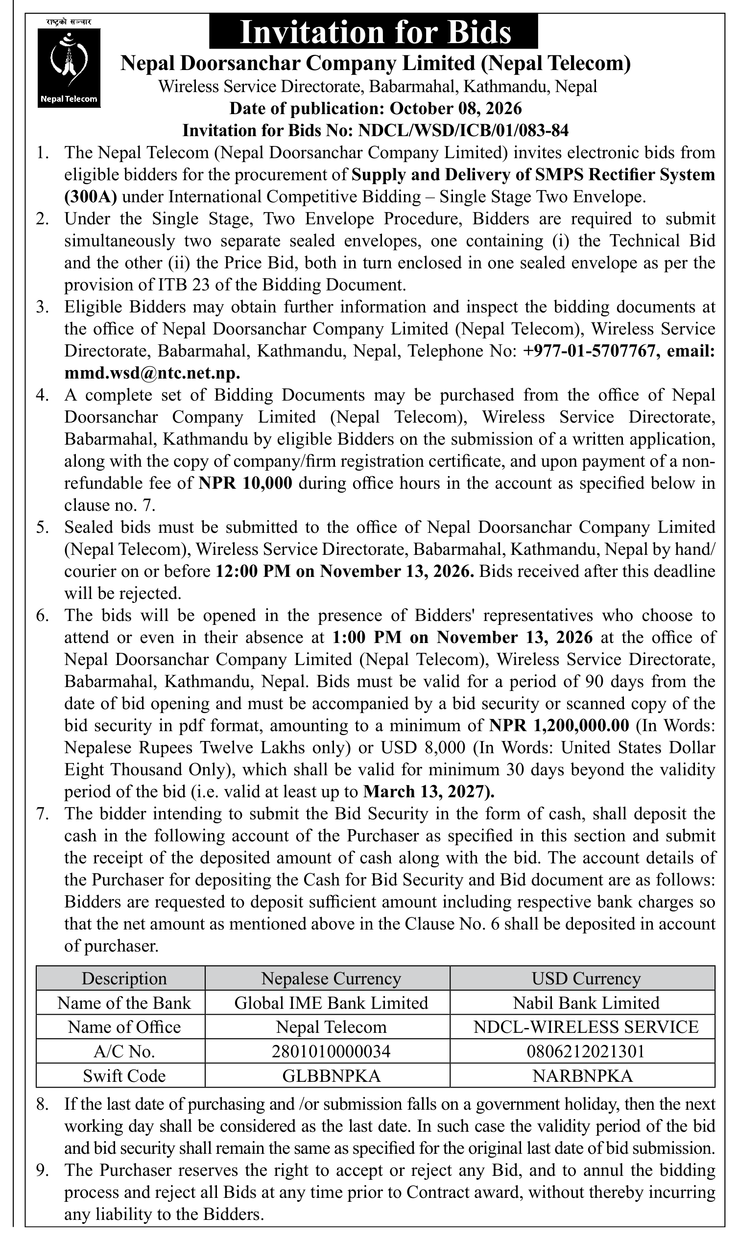 Tender notice as printed in Gorkhapatra, 8 Oct 2026, page 17