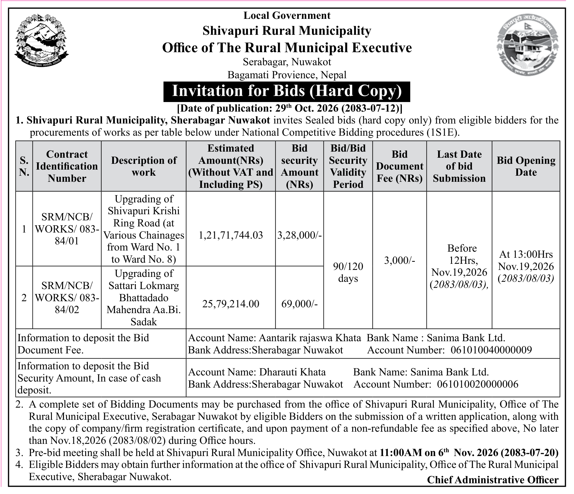 Tender notice as printed in Gorkhapatra, 29 Oct 2026, page 16