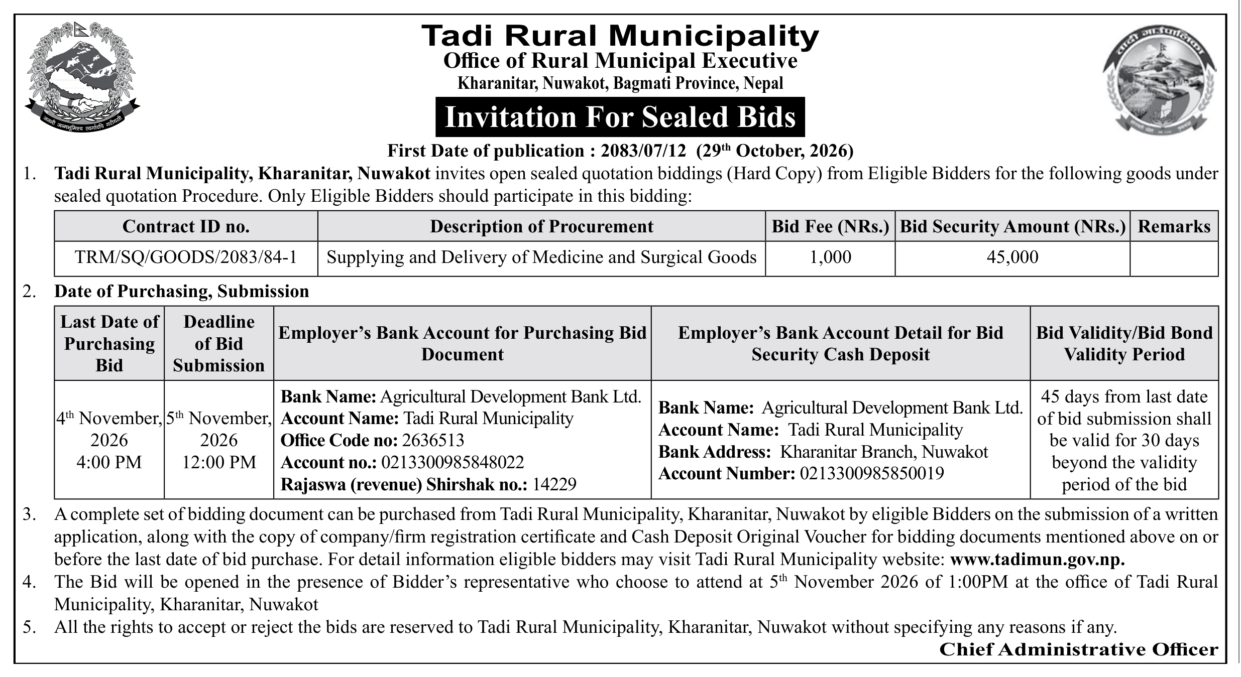 Tender notice as printed in Gorkhapatra, 29 Oct 2026, page 8