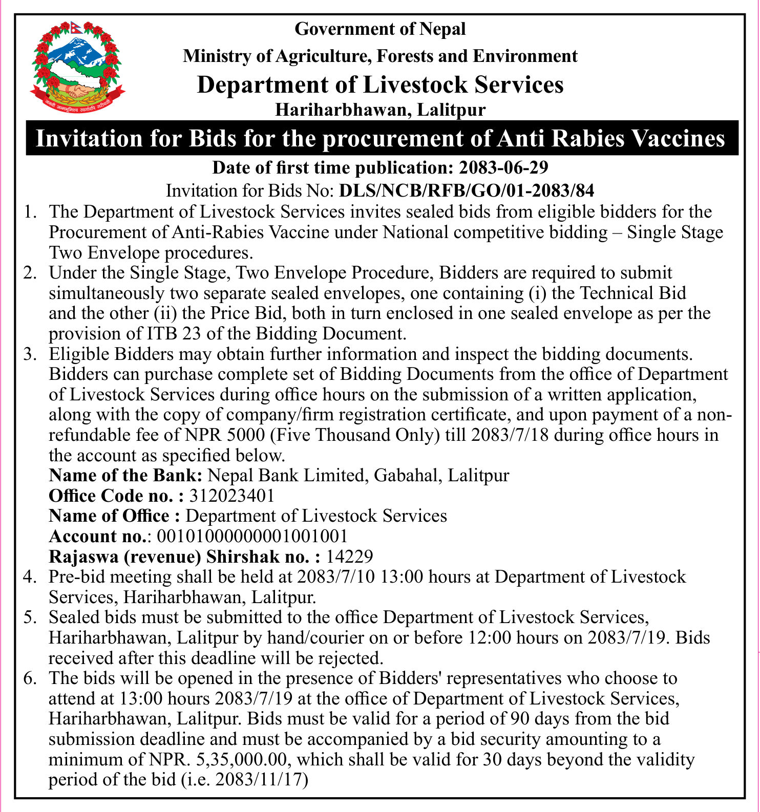 Tender notice as printed in Gorkhapatra, 15 Oct 2026, page 19