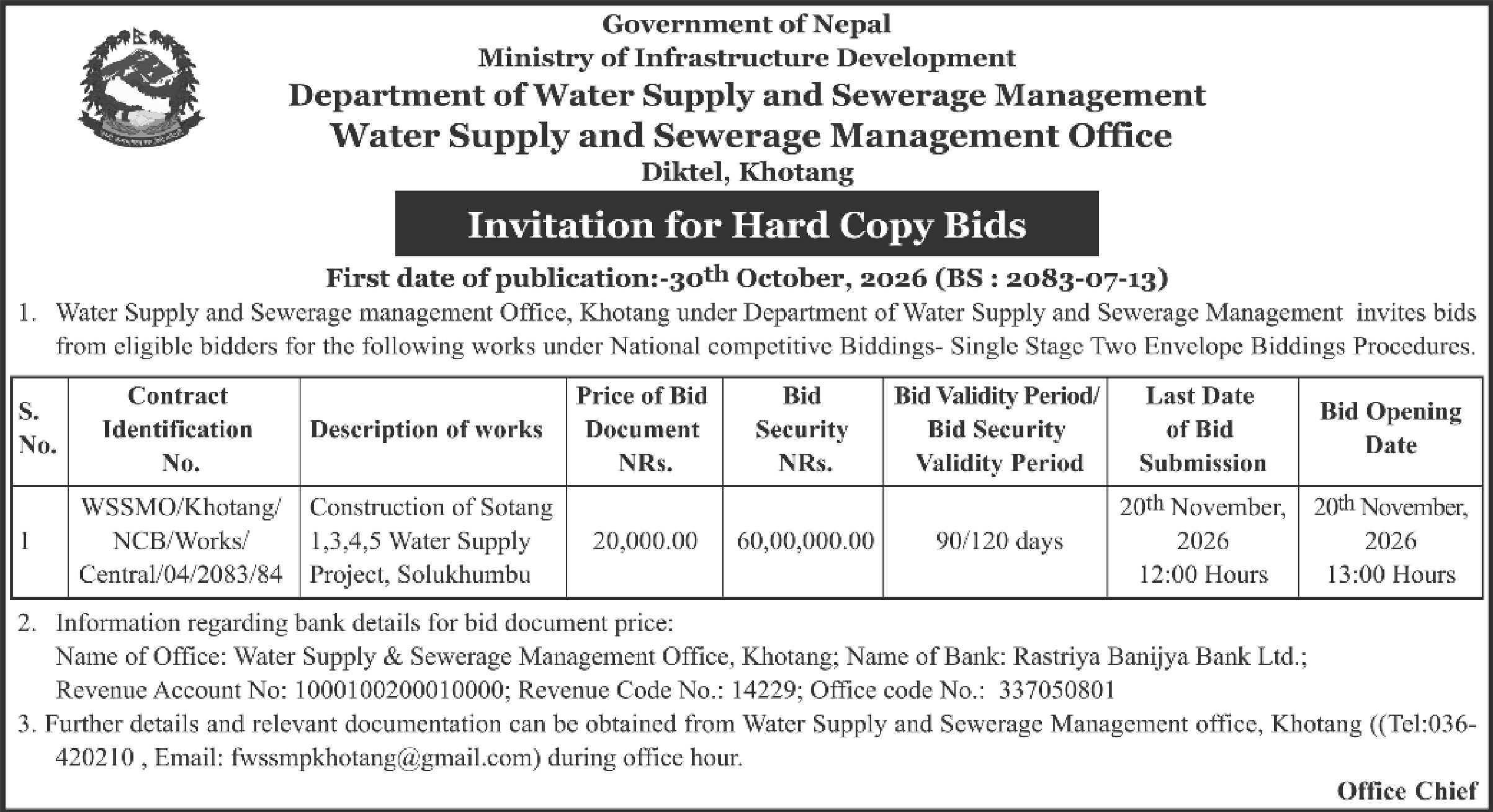 Tender notice as printed in Himalaya Times, 30 Oct 2026, page 6