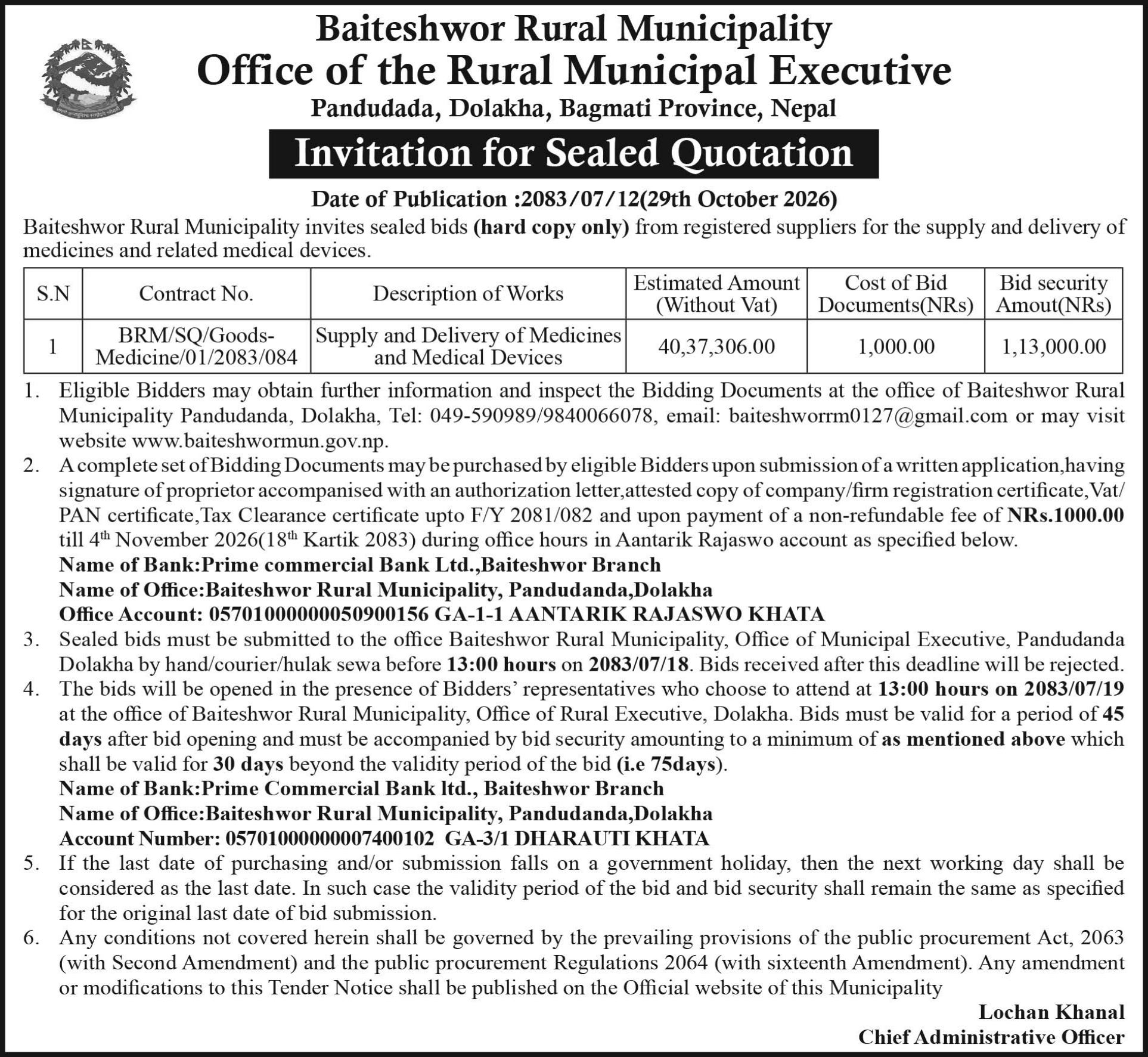 Tender notice as printed in Nepal Samacharpatra, 29 Oct 2026, page 2