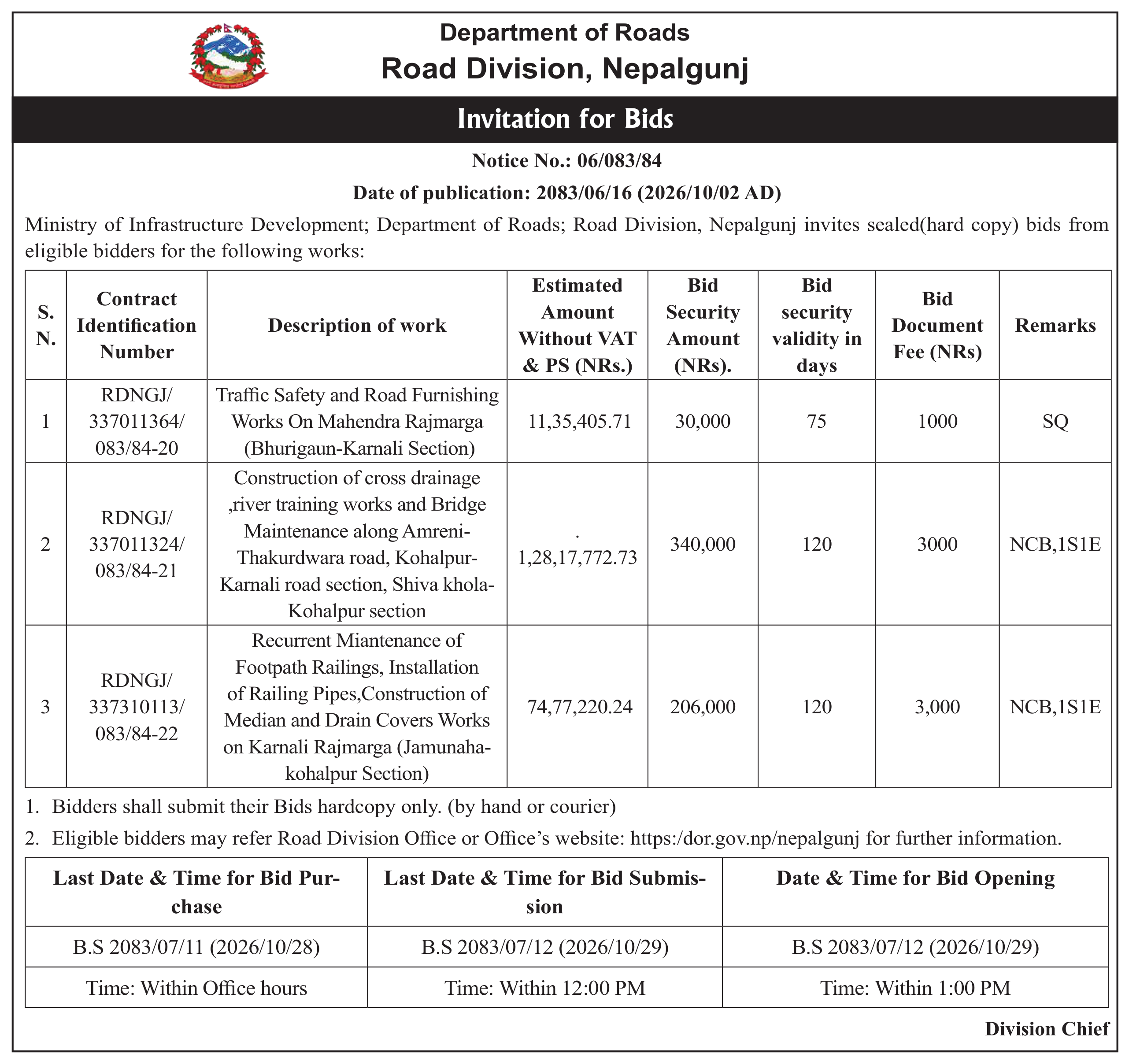 Tender notice as printed in Mission Today, 2 Oct 2026, page 8