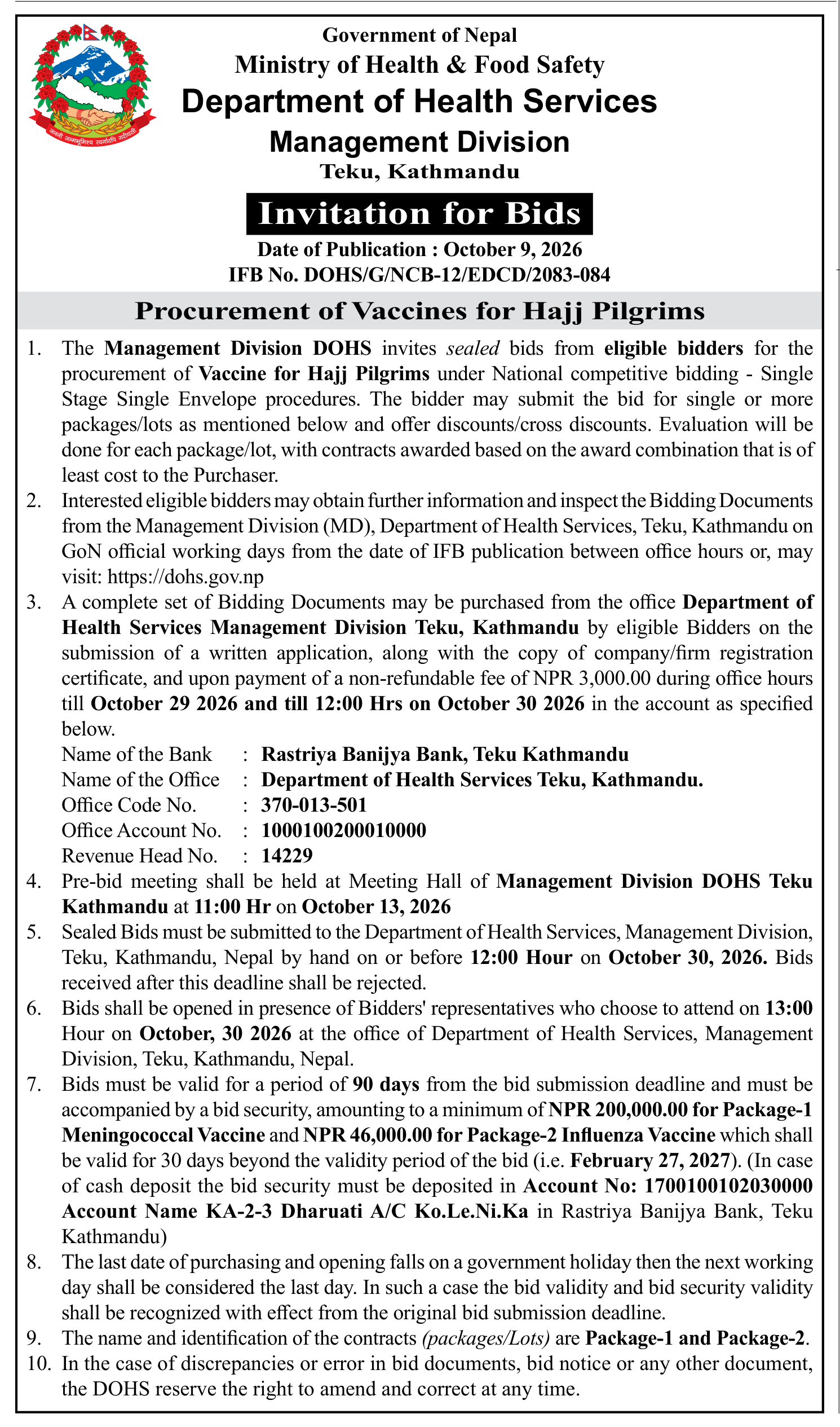 Tender notice as printed in Gorkhapatra, 9 Oct 2026, page 7