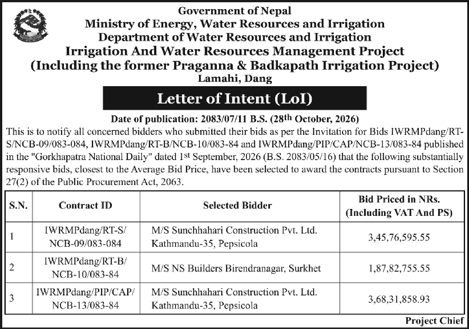 Tender notice as printed in Himalaya Times, 28 Oct 2026, page 8