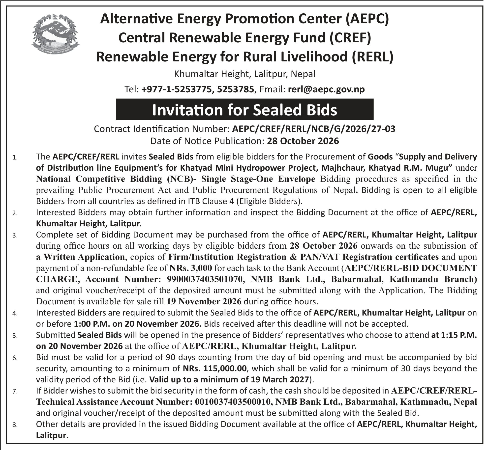 Tender notice as printed in Nepal Samacharpatra, 28 Oct 2026, page 8