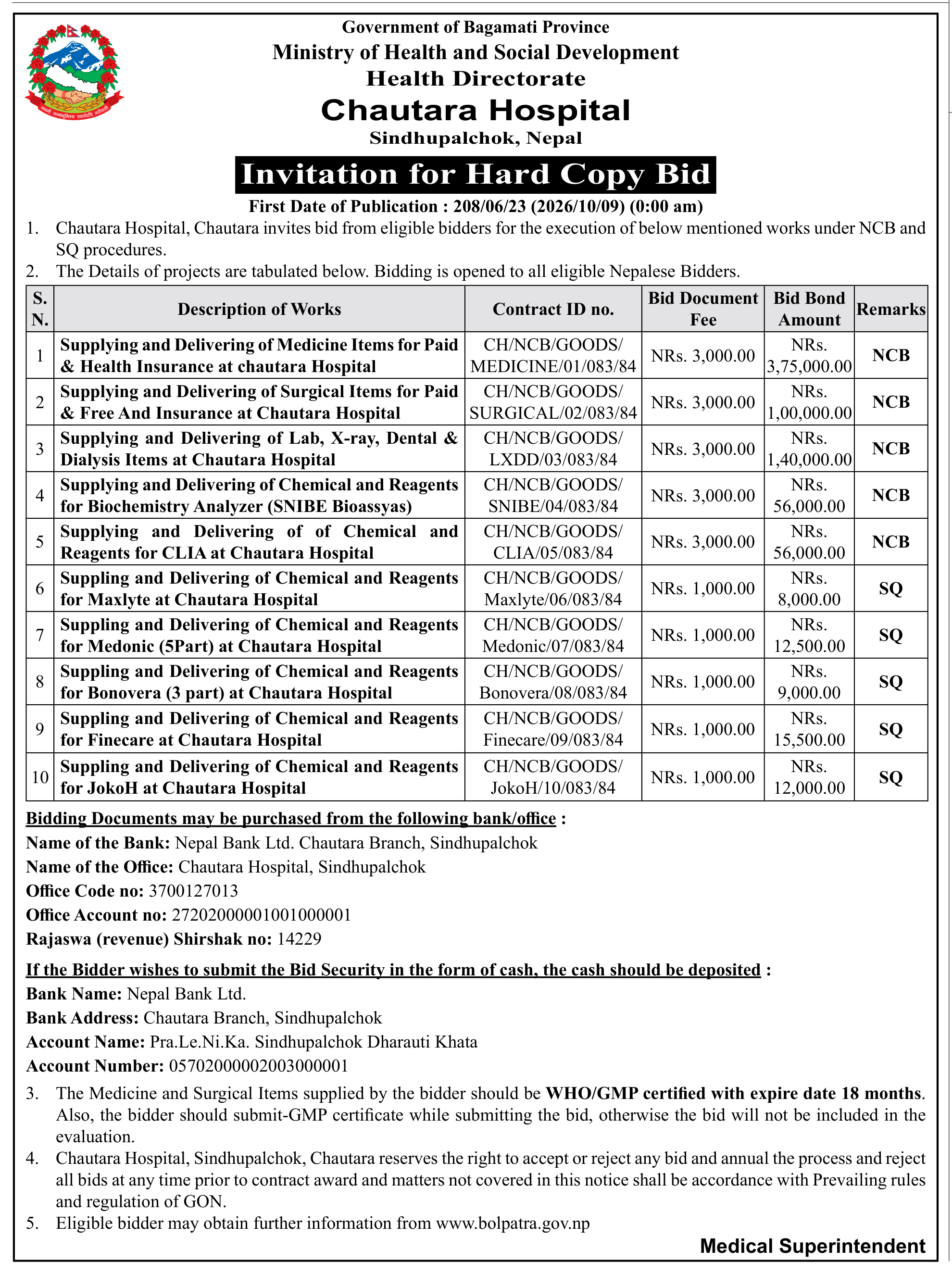 Tender notice as printed in Gorkhapatra, 9 Oct 2026, page 8