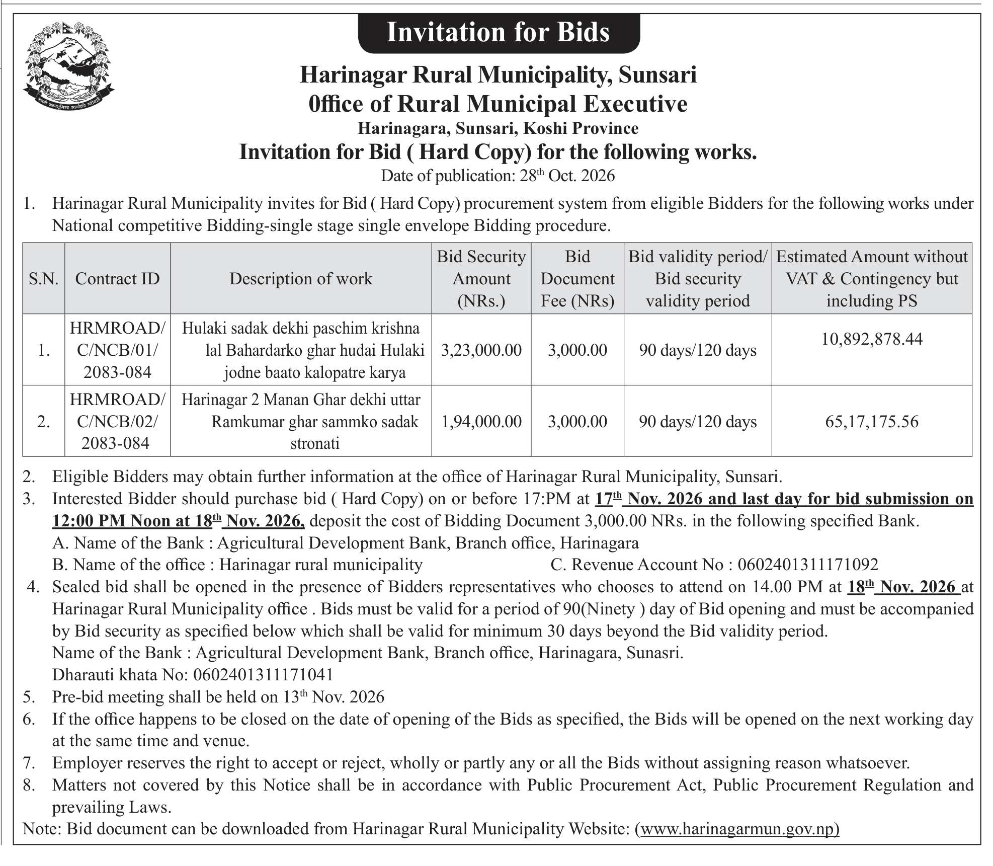 Tender notice as printed in Gorkhapatra, 28 Oct 2026, page 8