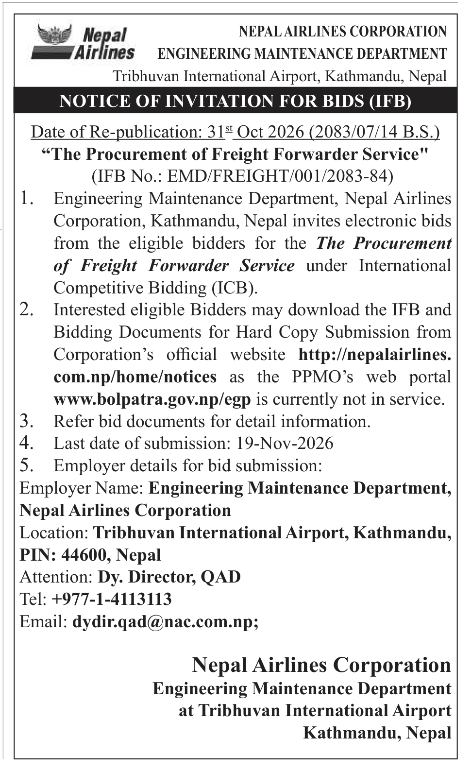 Tender notice as printed in The Rising Nepal, 31 Oct 2026, page 3