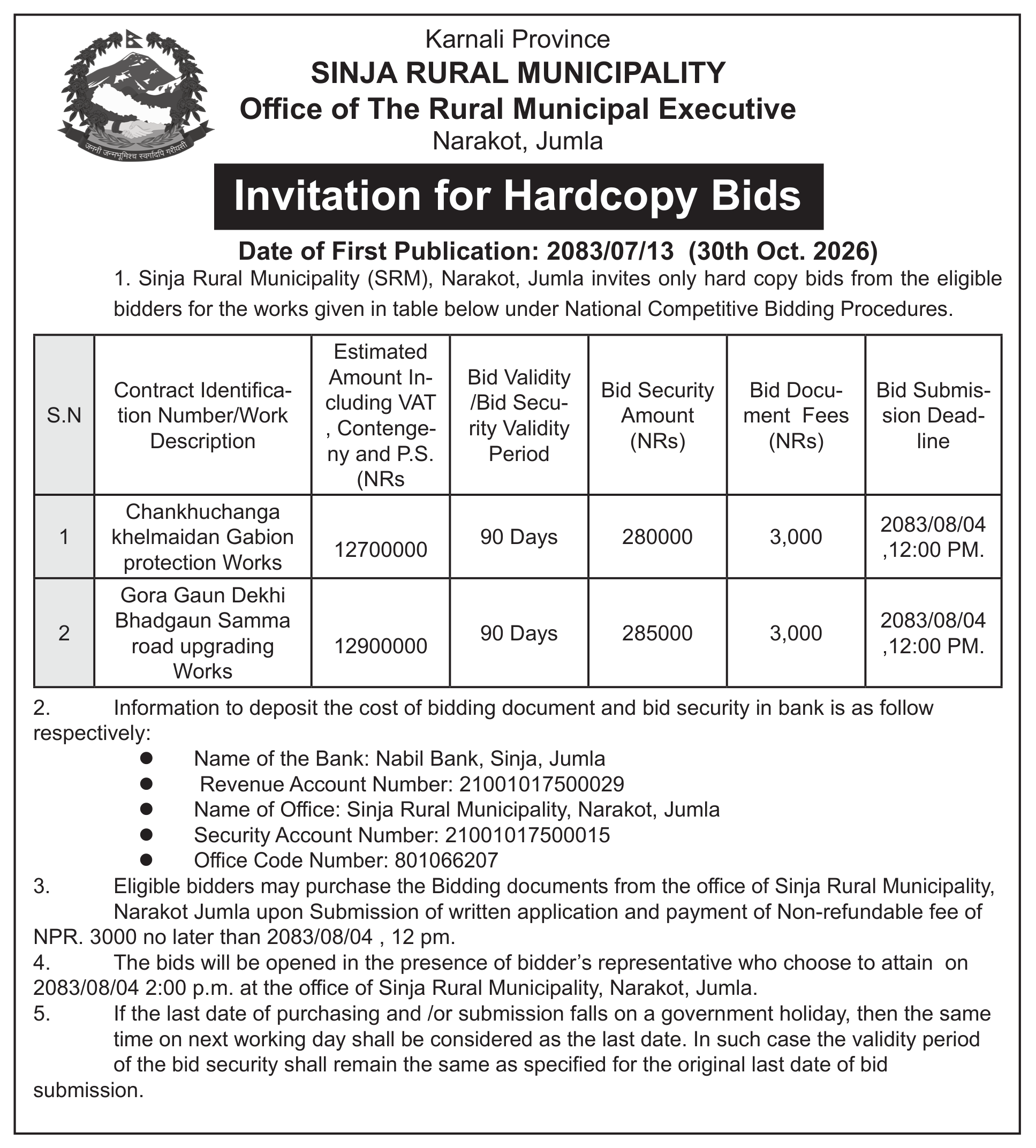 Tender notice as printed in Yugaawhan, 30 Oct 2026, page 3