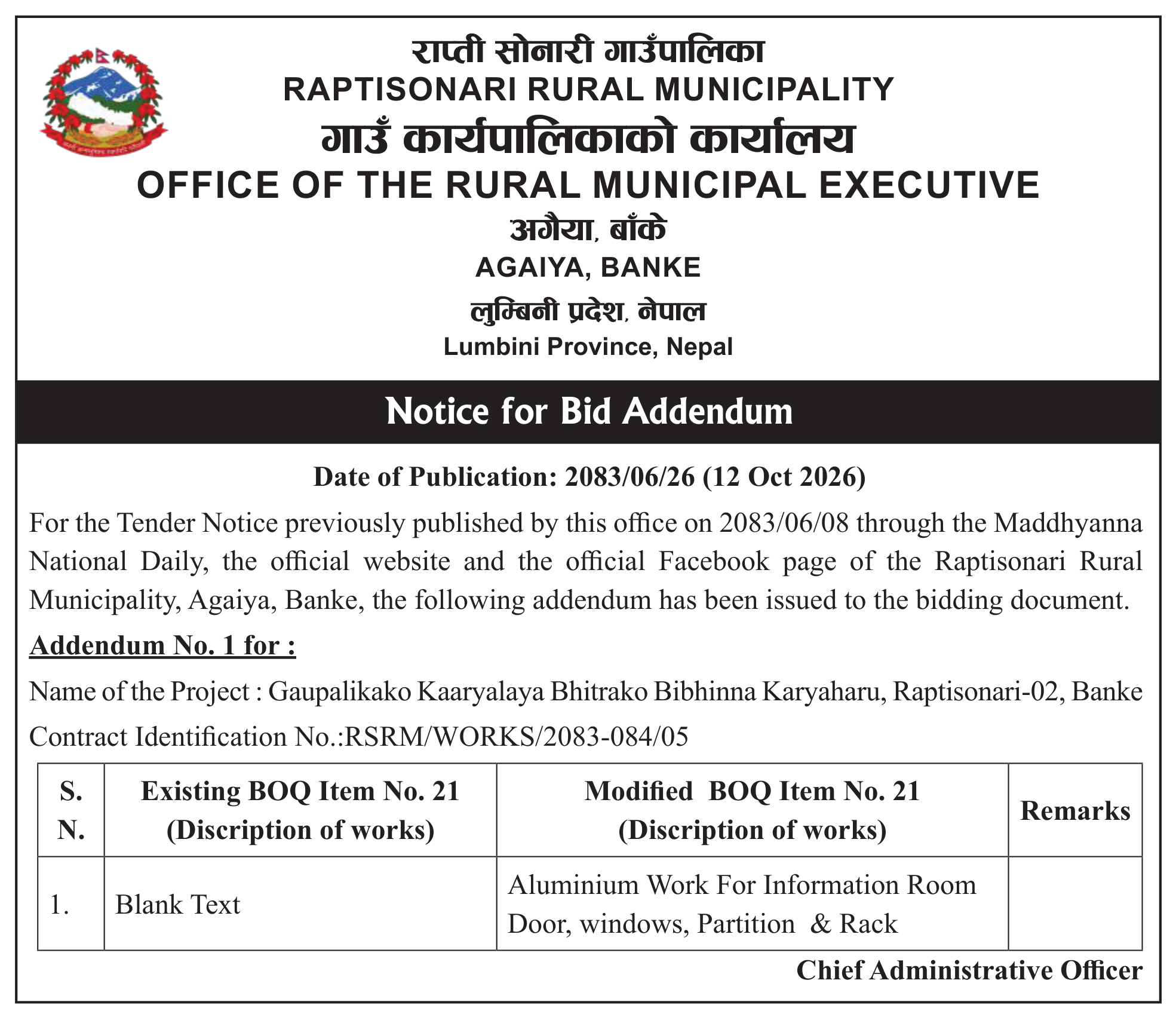 Tender notice as printed in Mission Today, 13 Oct 2026, page 2