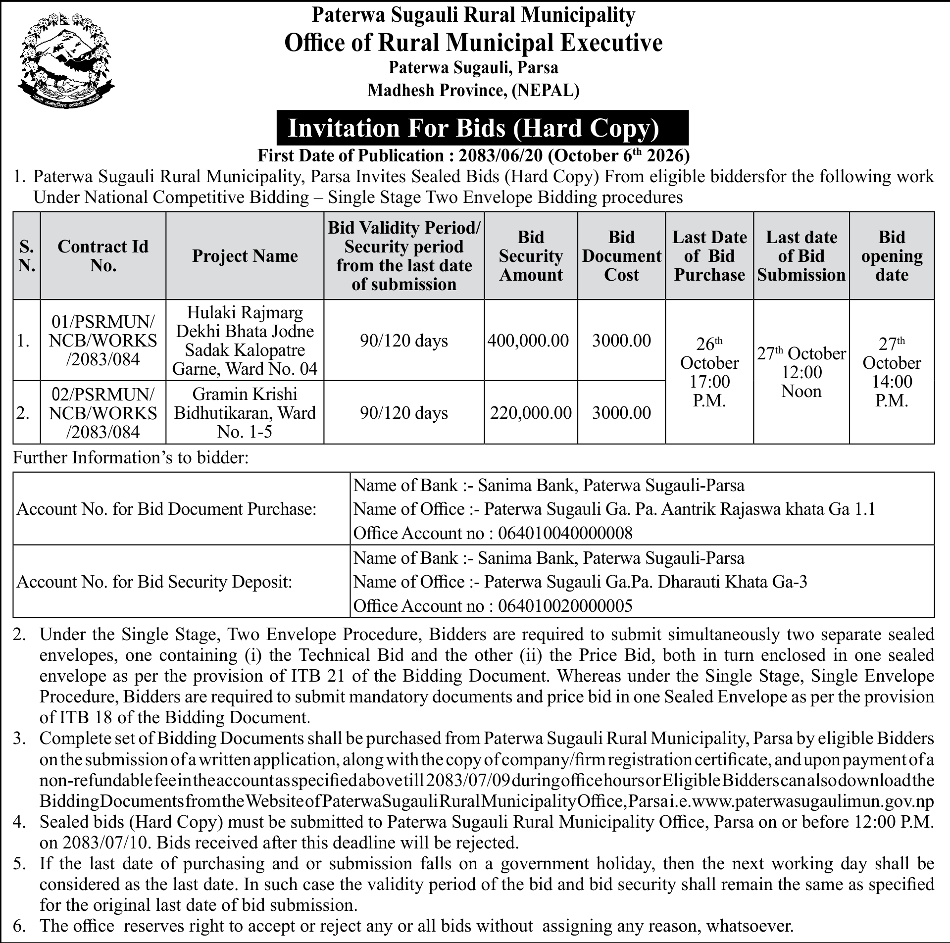 Tender notice as printed in Gorkhapatra, 6 Oct 2026, page 10