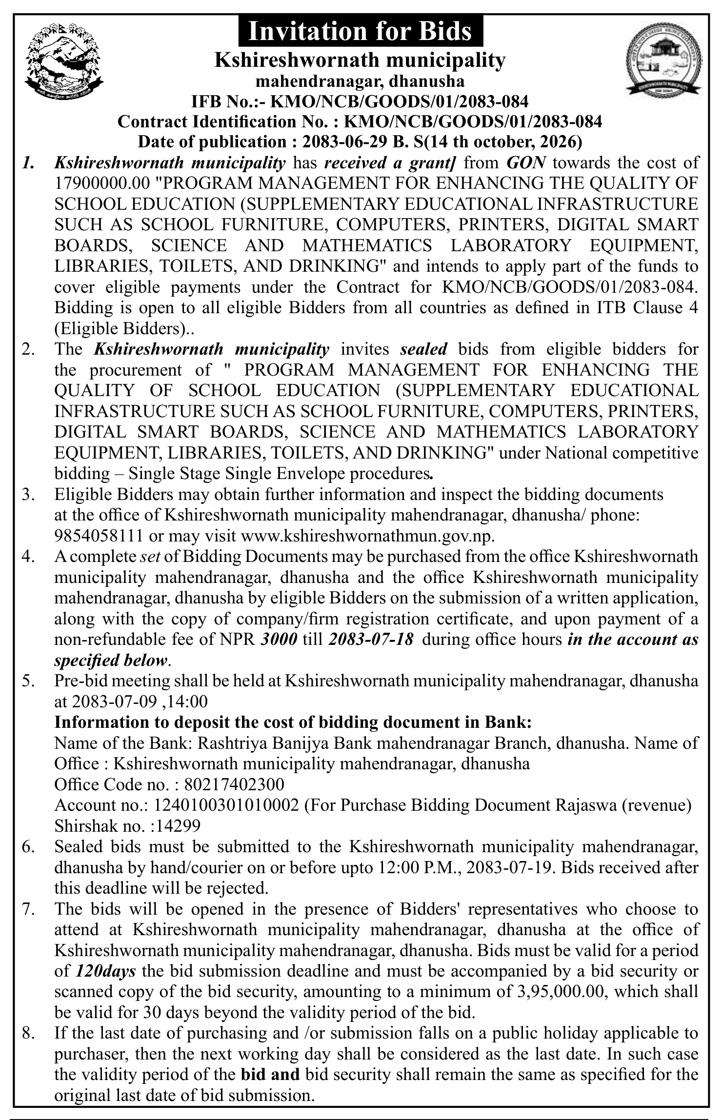 Tender notice as printed in Gorkhapatra, 15 Oct 2026, page 8