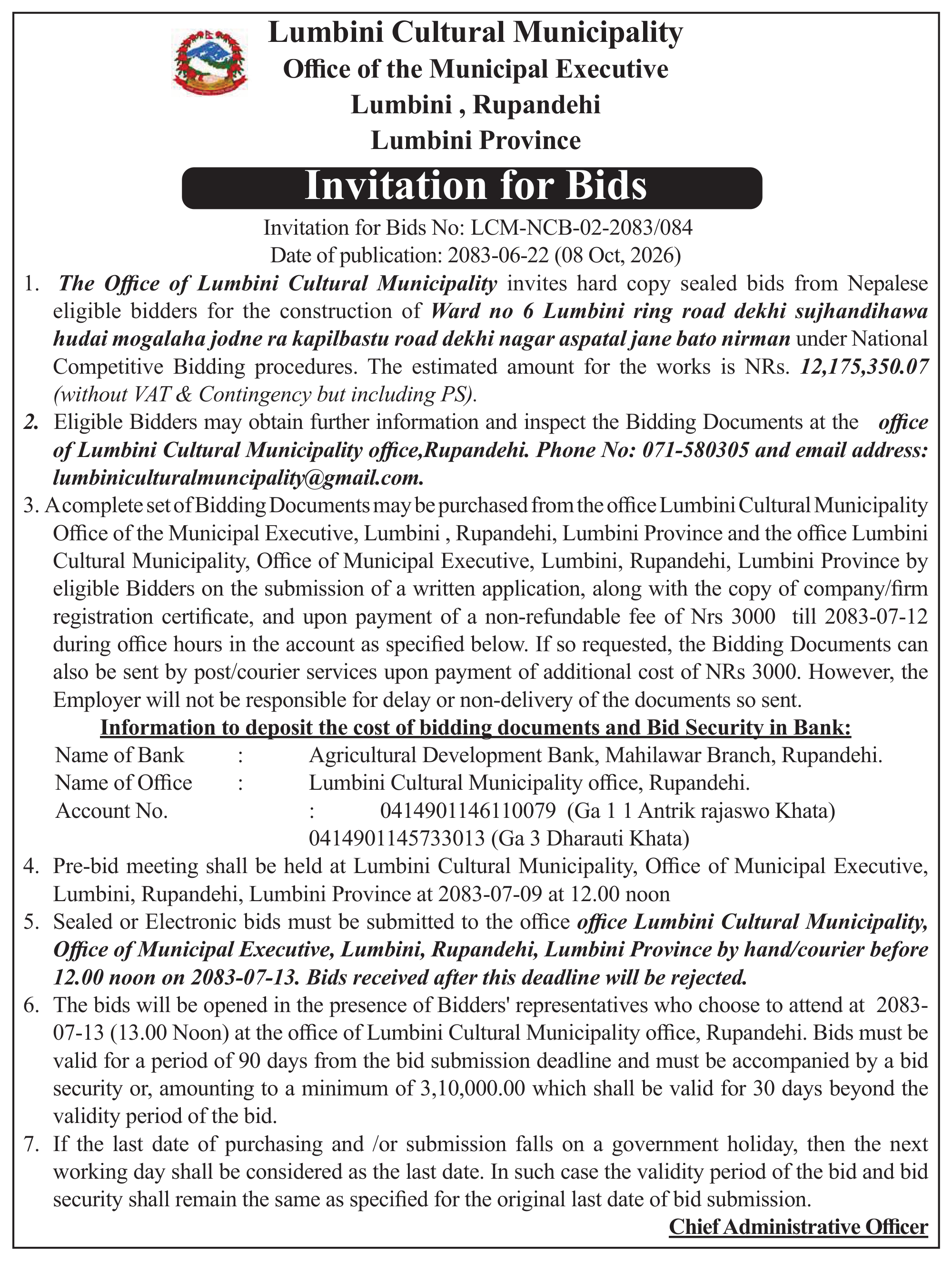 Tender notice as printed in Mission Today, 8 Oct 2026, page 2