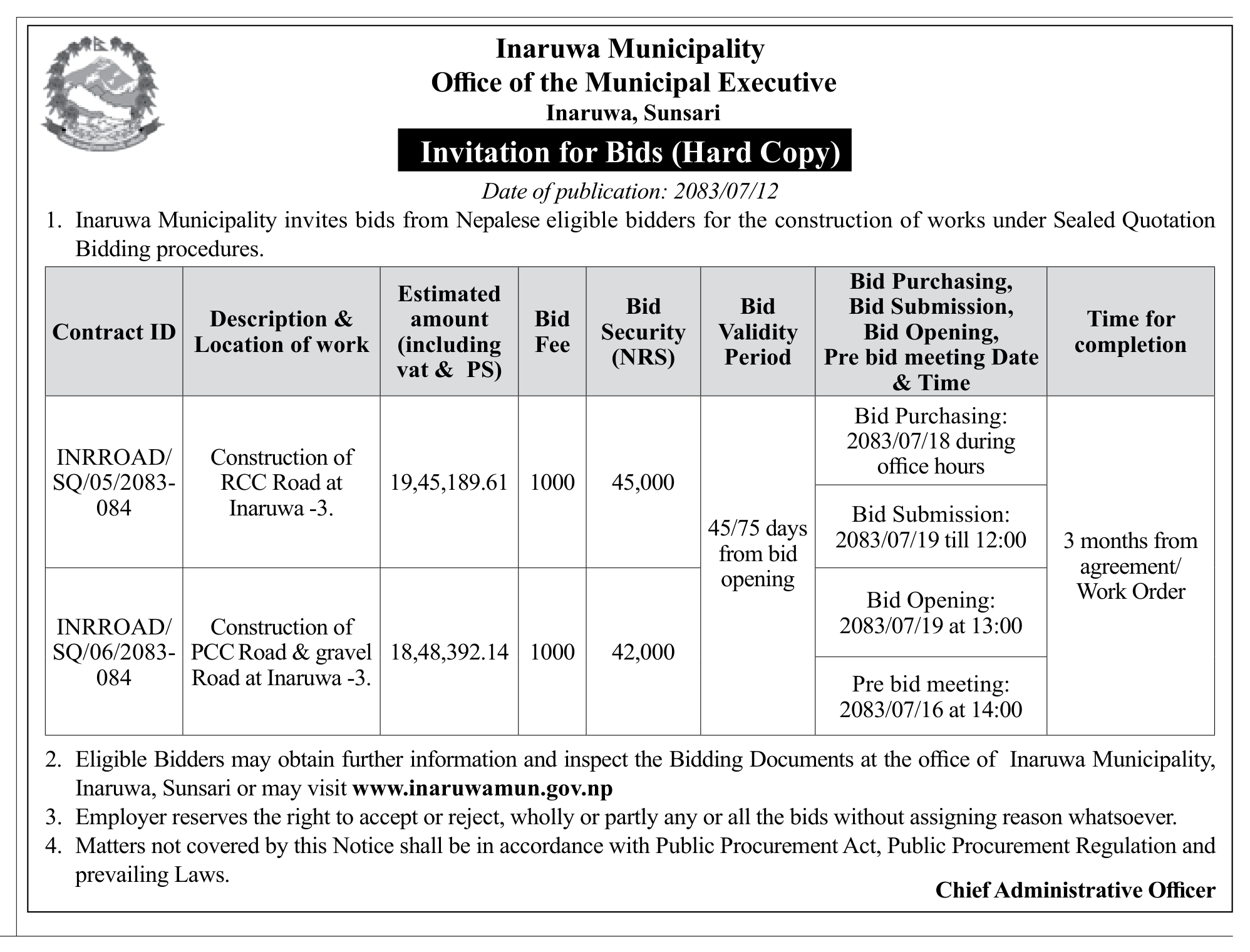 Tender notice as printed in Gorkhapatra, 29 Oct 2026, page 13