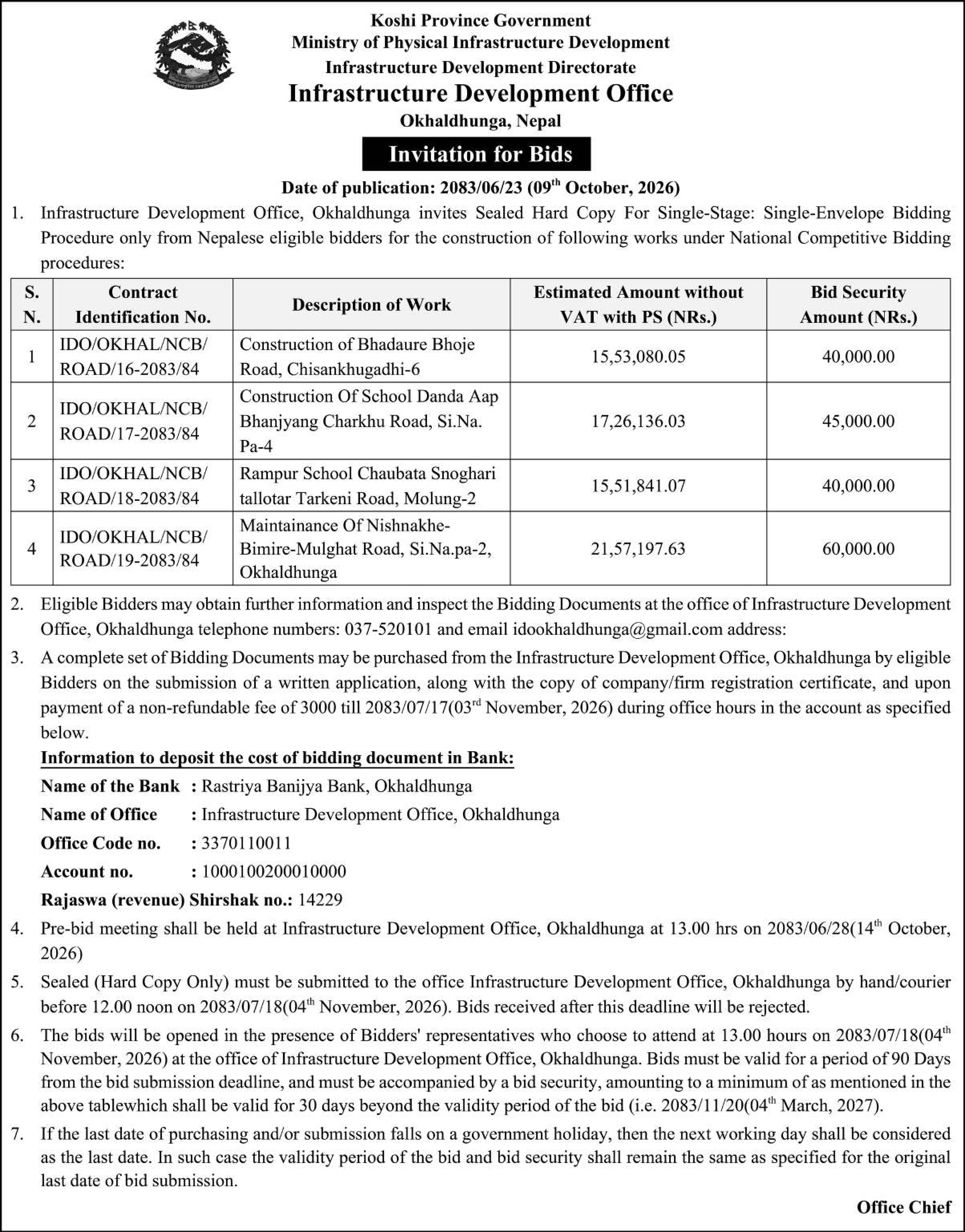 Tender notice as printed in Sourya Dainik, 9 Oct 2026, page 7
