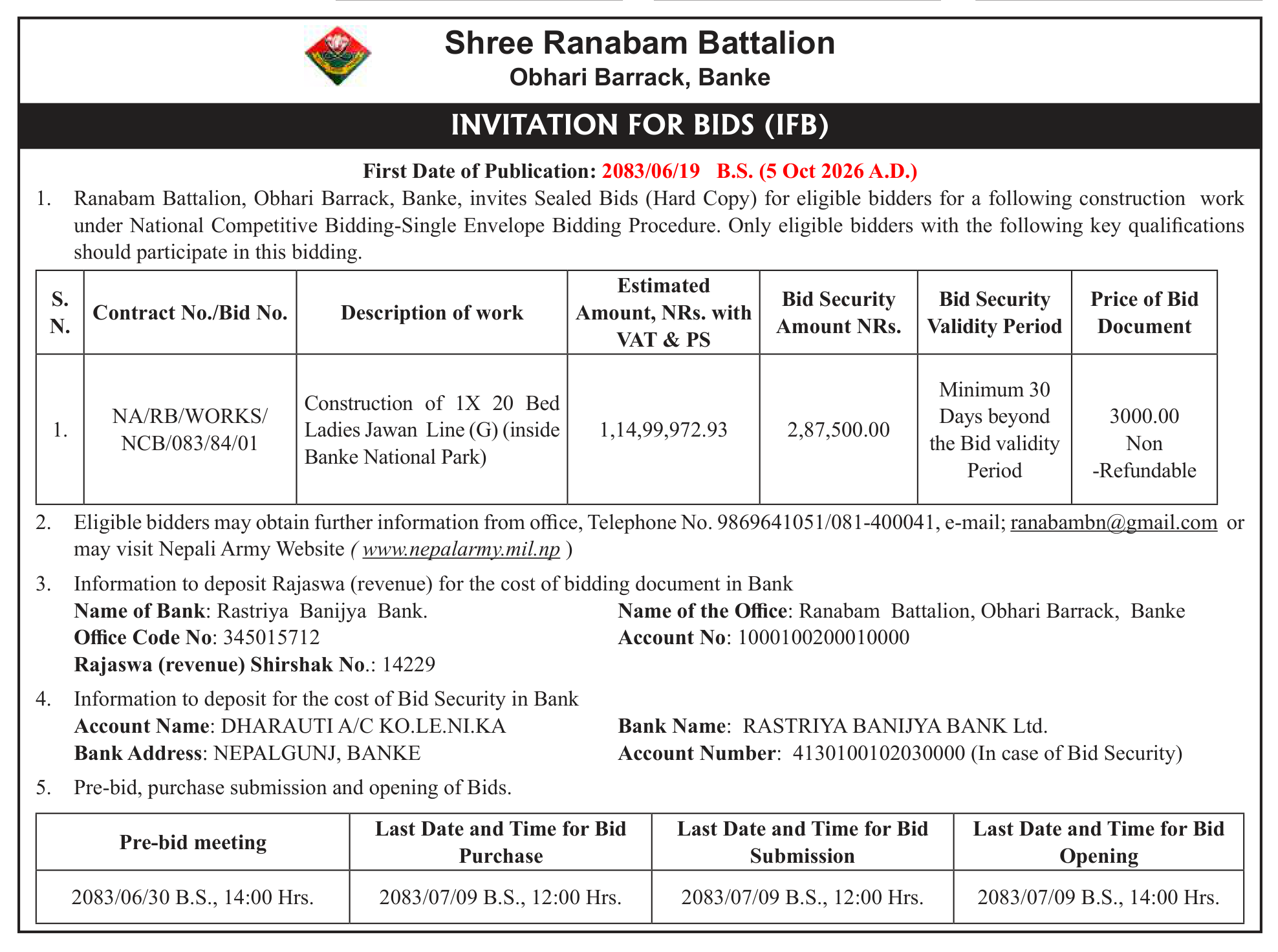 Tender notice as printed in Mission Today, 5 Oct 2026, page 5