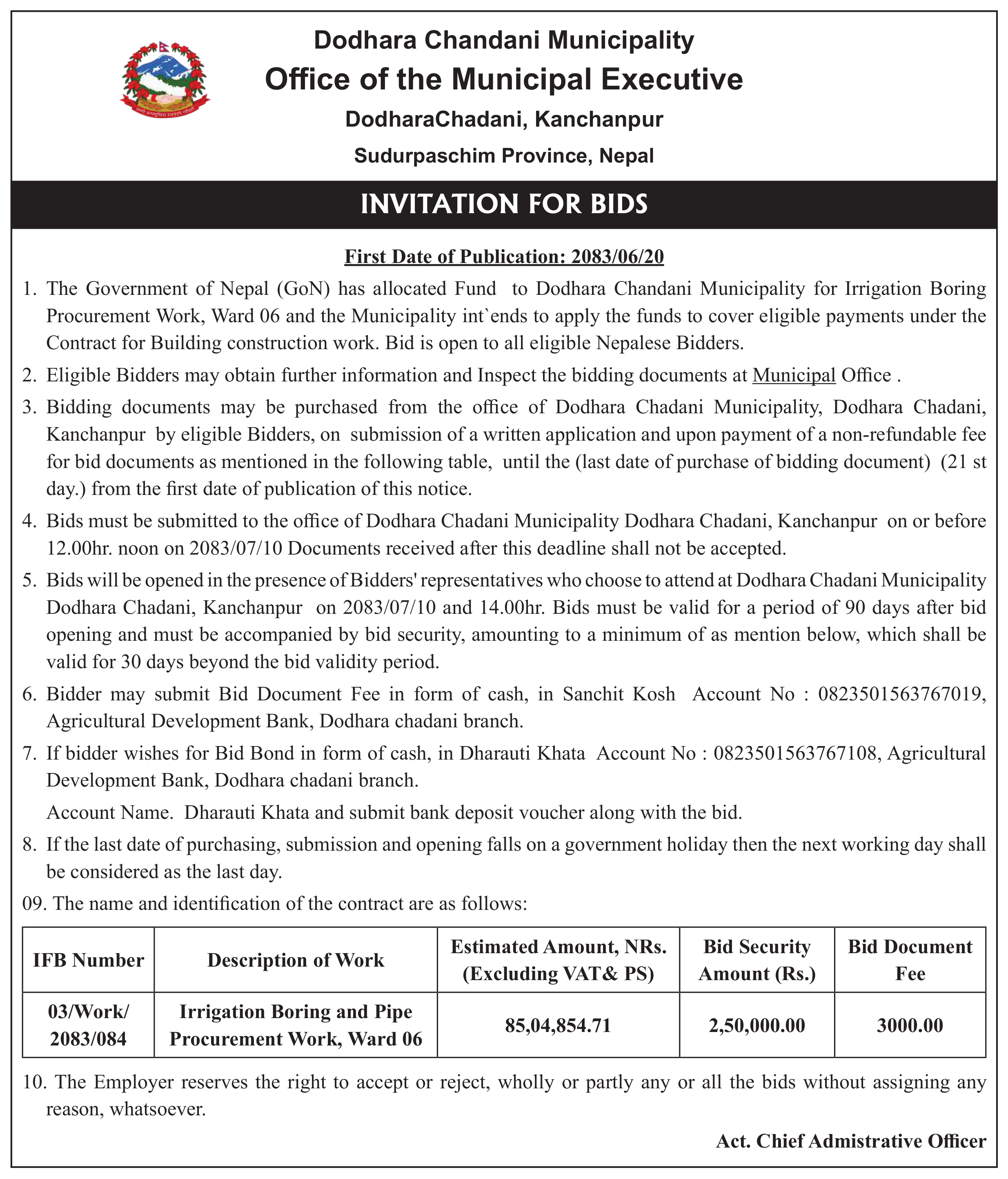 Tender notice as printed in Mission Today, 6 Oct 2026, page 5