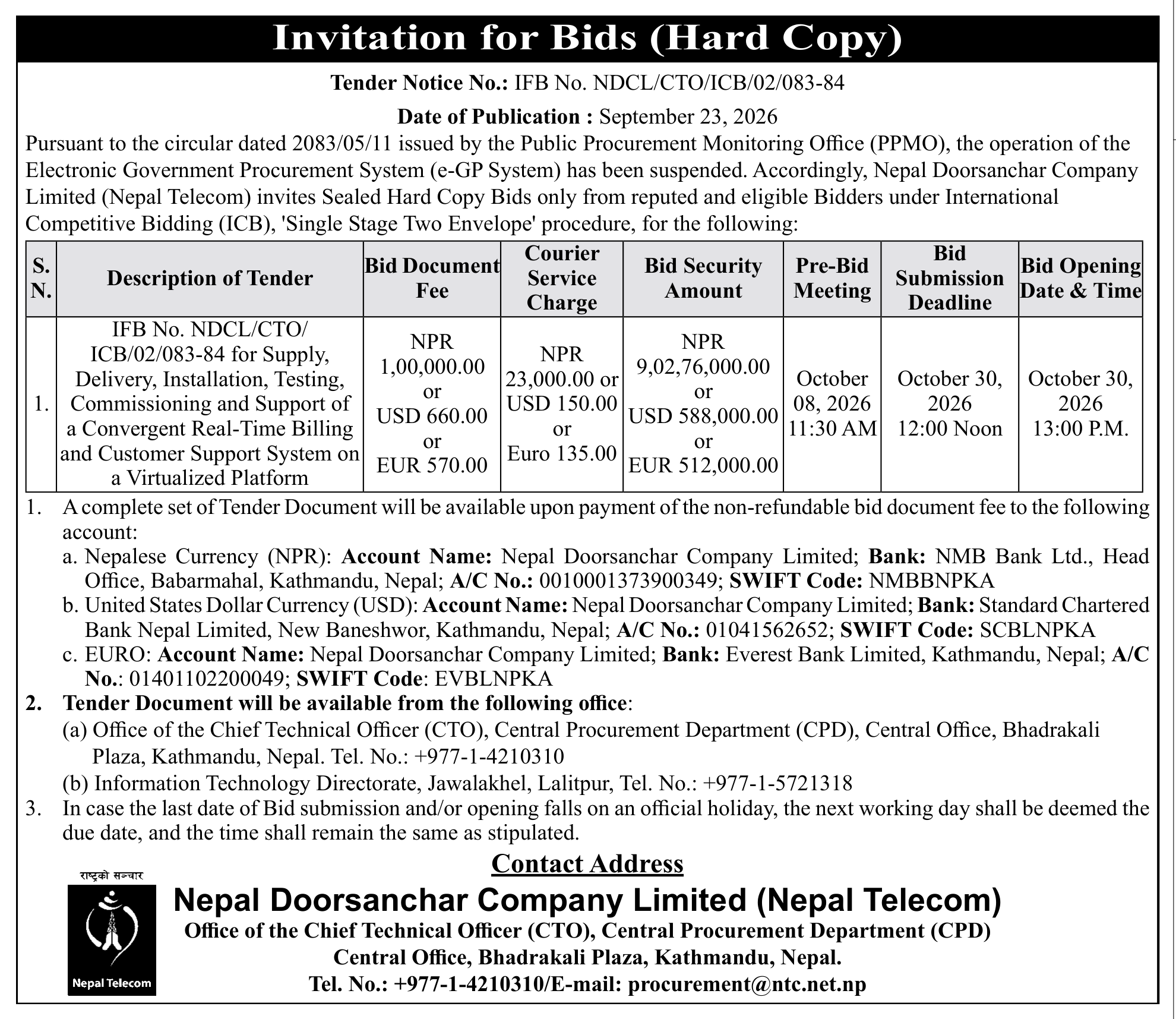 Tender notice as printed in Gorkhapatra, 24 Sep 2026, page 9