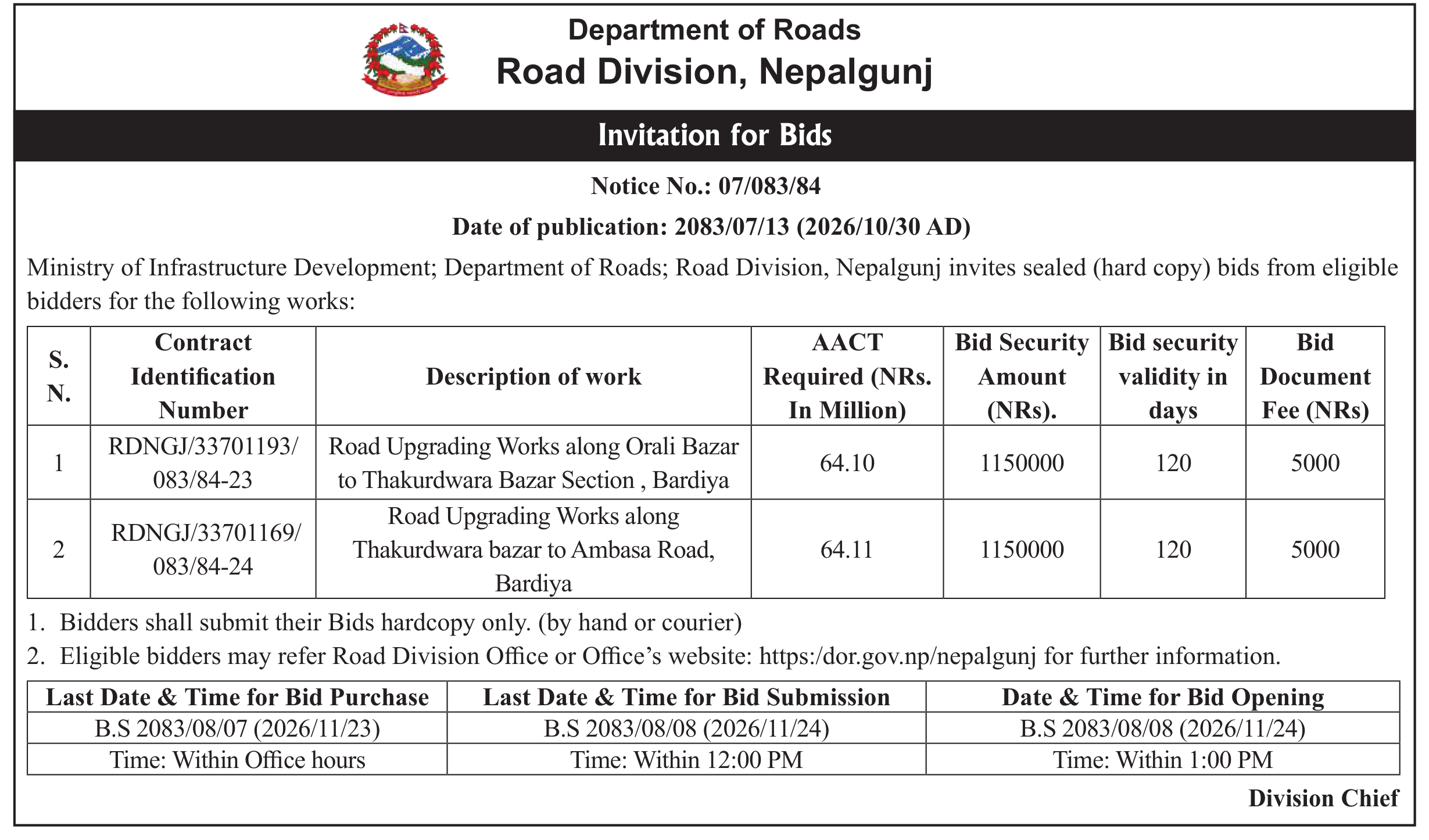 Tender notice as printed in Mission Today, 30 Oct 2026, page 6