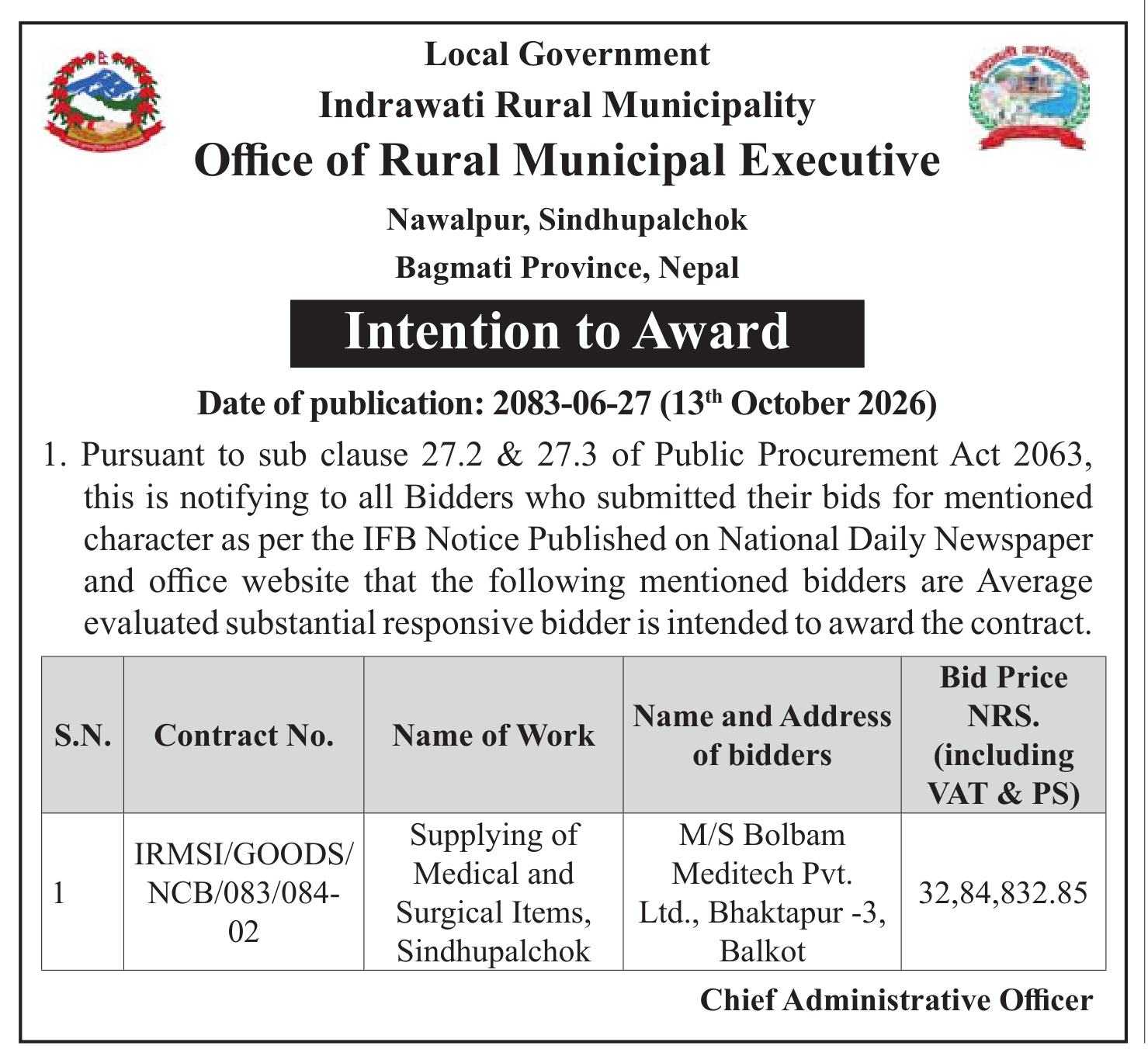 Tender notice as printed in Prabhab Daily, 13 Oct 2026, page 5